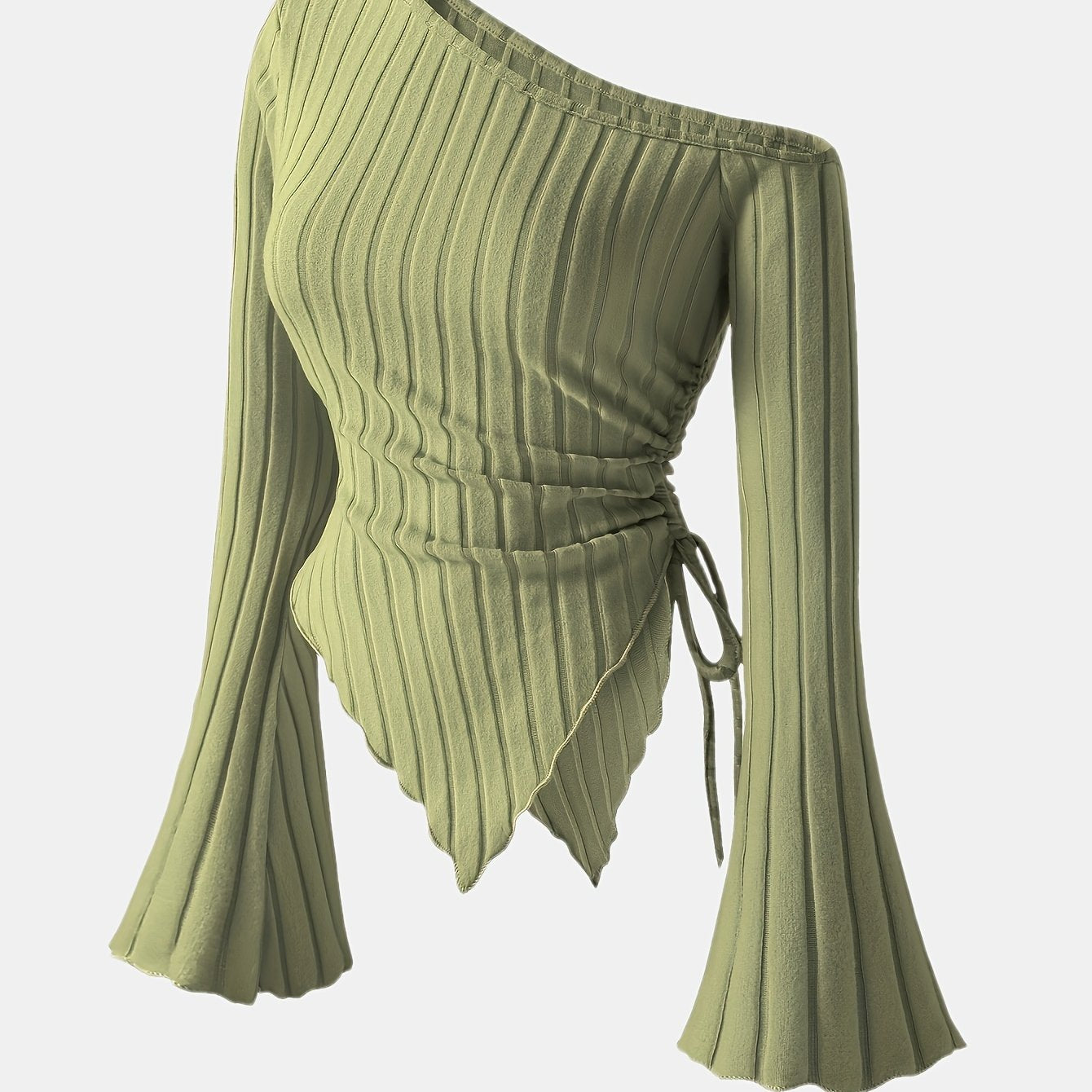 Women's Elegant Off-Shoulder Bell Sleeve T-Shirt - Asymmetrical Ribbed Top with Exposed Shoulder Design, Lightweight 3-Season Machine-Washable Solid Color Blouse for Casual & Formal Wear, Spring Summer Top, Bell Sleeve Design