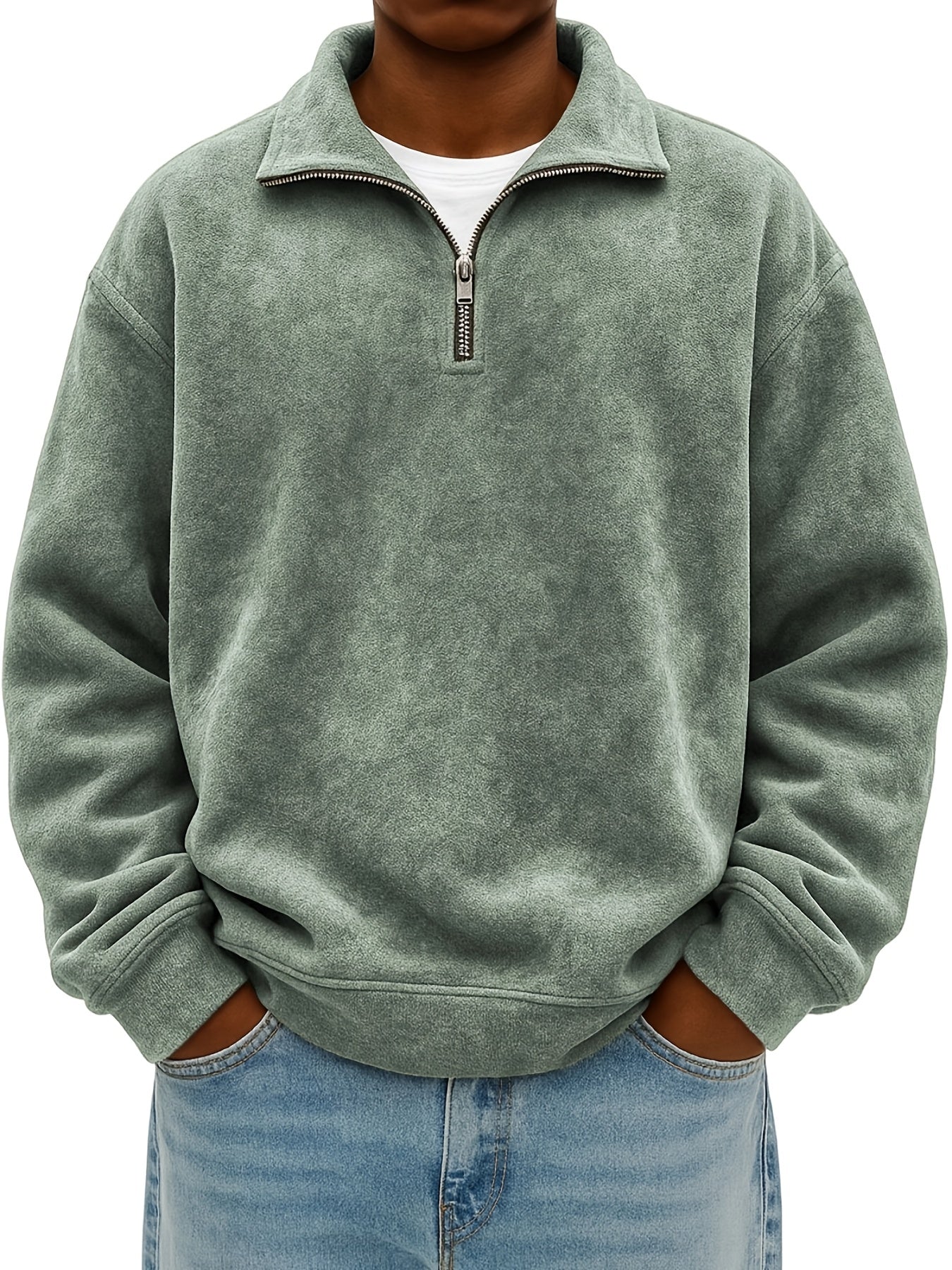 Men's Oversized Lapel Zipper  Sweatshirt - Solid Color Loose Fit Drop Shoulder Hoodie, Long Sleeve Casual Winter Sweater, Machine Washable Layering Piece for Cold Weather (Available in Multiple Colors)