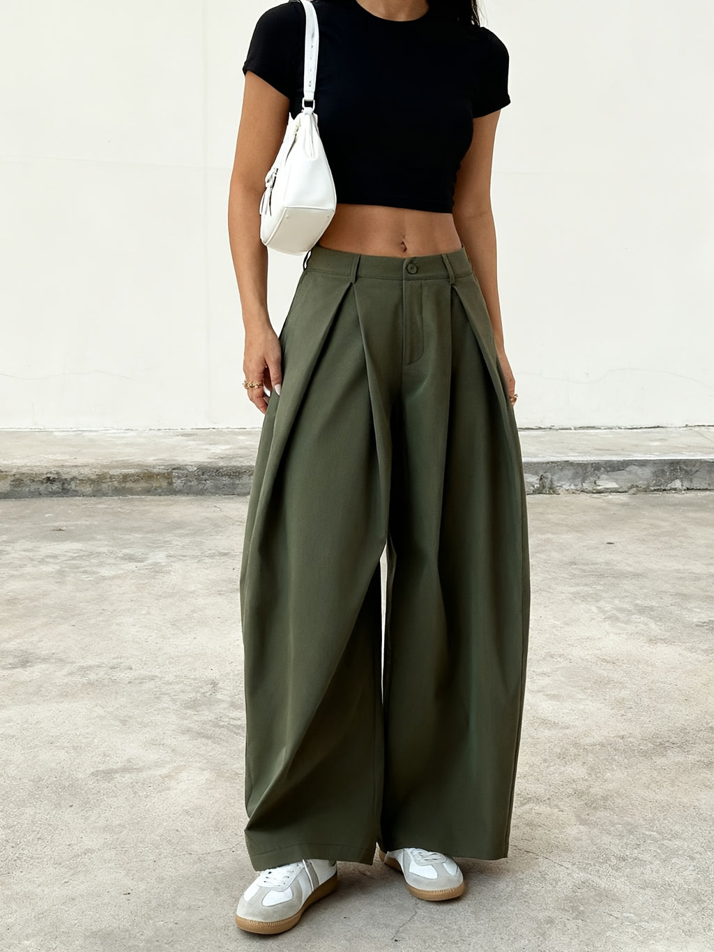 Drapey Loose Fit Wide Leg Trousers Women Mid Rise Pleated Casual Fashion Bottoms for Spring Summer Daily Wear, Office, Travel & Street Style