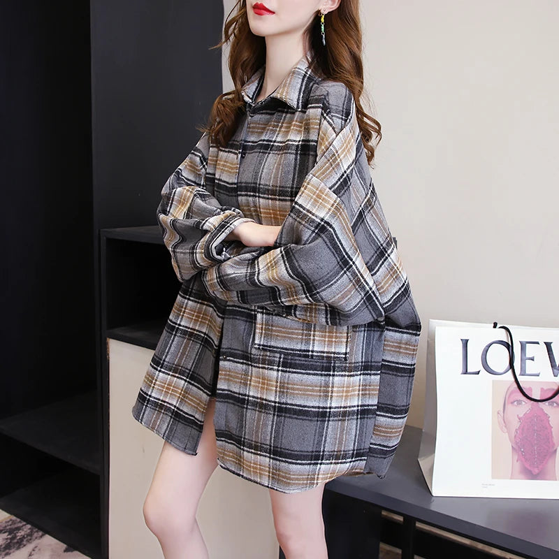 Plaid Shirt Women Fashion Autumn Long Sleeve Top Female Vintage Single Breasted Blouse Ladies Preppy Style Loose Check Shirts