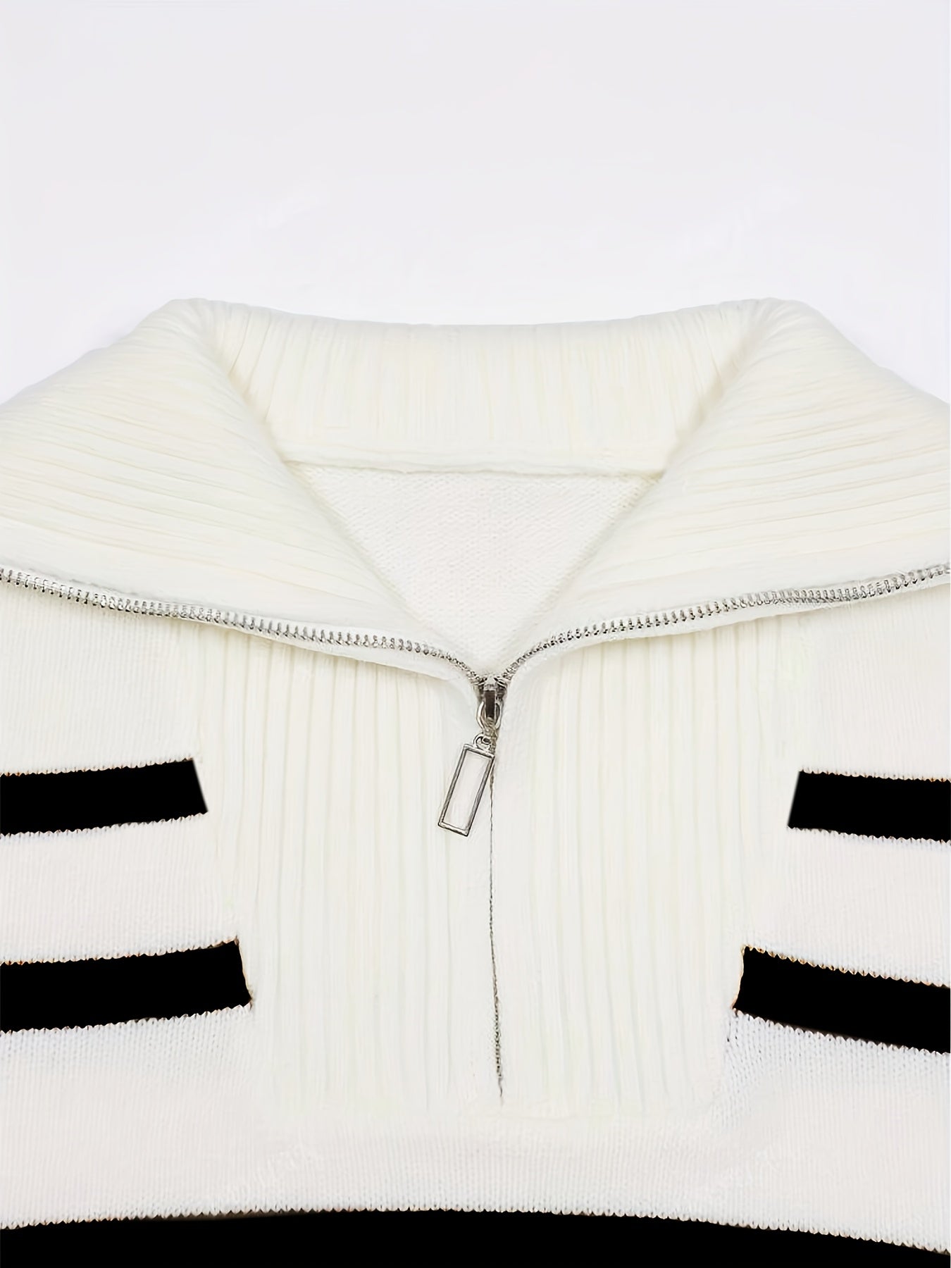 Women's Elegant Striped Sweater - Loose Fit Zippered Front High Neck Pullover, Medium Stretch Opaque Fall Winter Sweating-Looking Suitable for Daily or Formal Wear