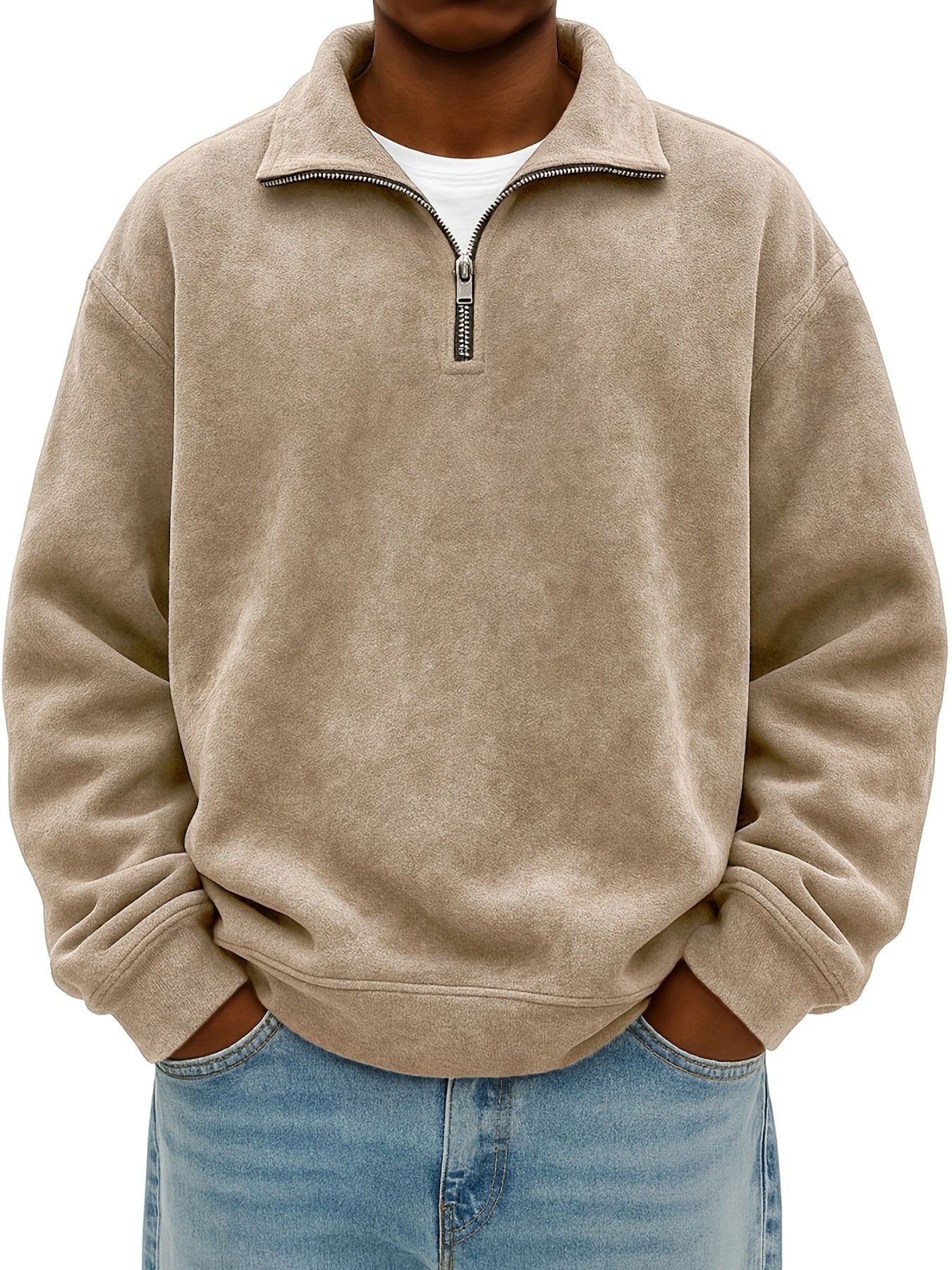 Men's Oversized Lapel Zipper  Sweatshirt - Solid Color Loose Fit Drop Shoulder Hoodie, Long Sleeve Casual Winter Sweater, Machine Washable Layering Piece for Cold Weather (Available in Multiple Colors)
