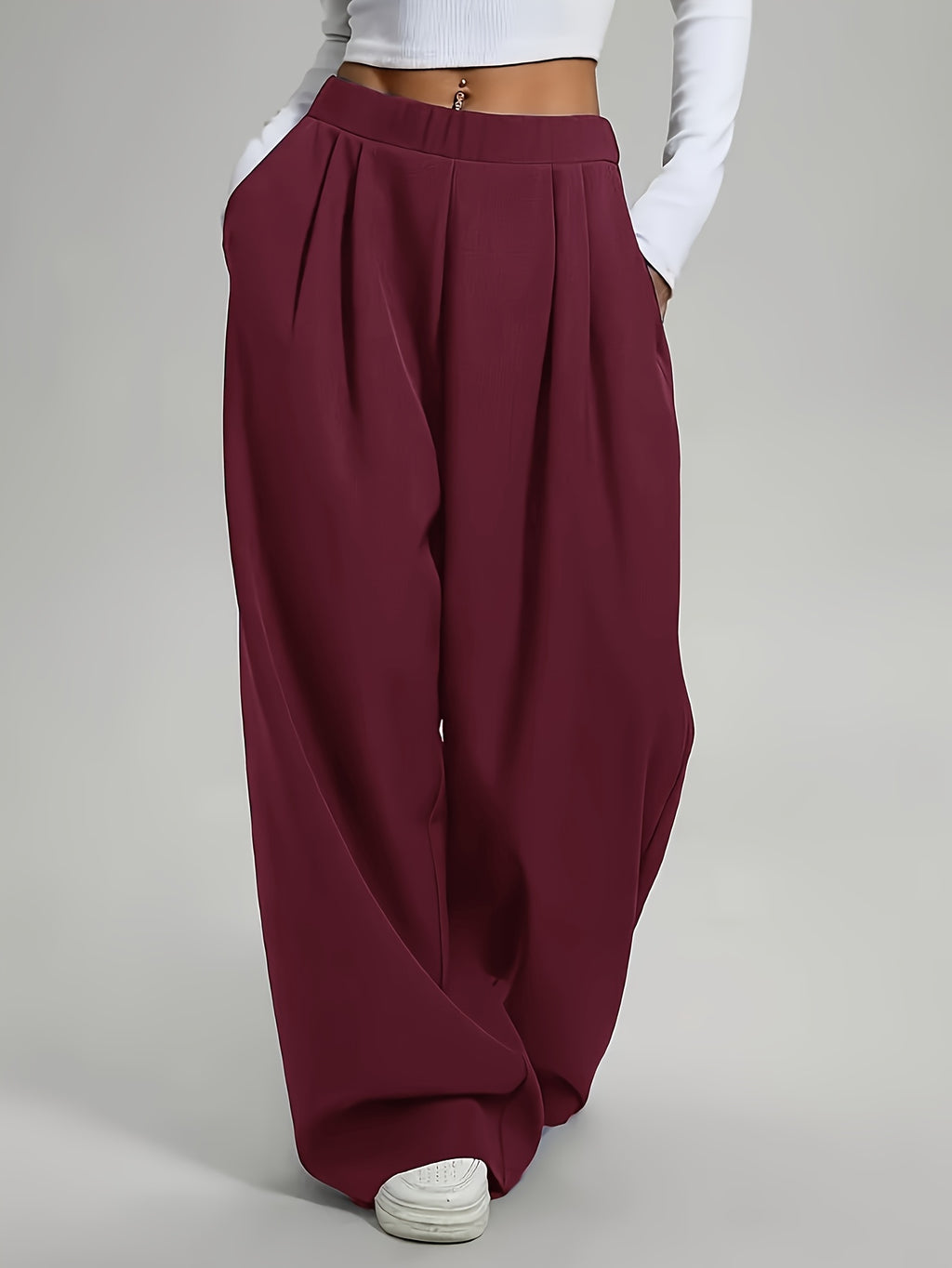 Elegant High-Waist Wide-Leg Pants | Solid Color, Long Length, Elastic Waist, Pocket Details, Suitable for All Seasons and Weekend Casual