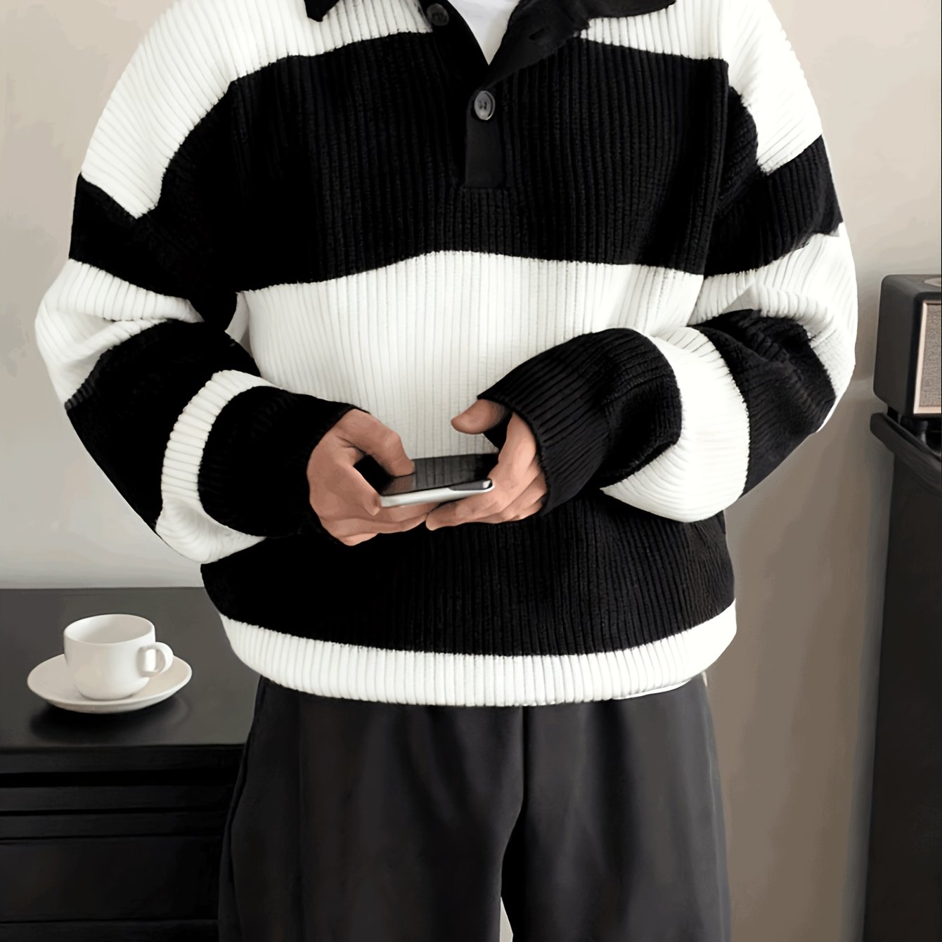 Men's American Street Korean Business Commuter Trendy Casual Versatile Striped Collar Pullover Knit Sweater