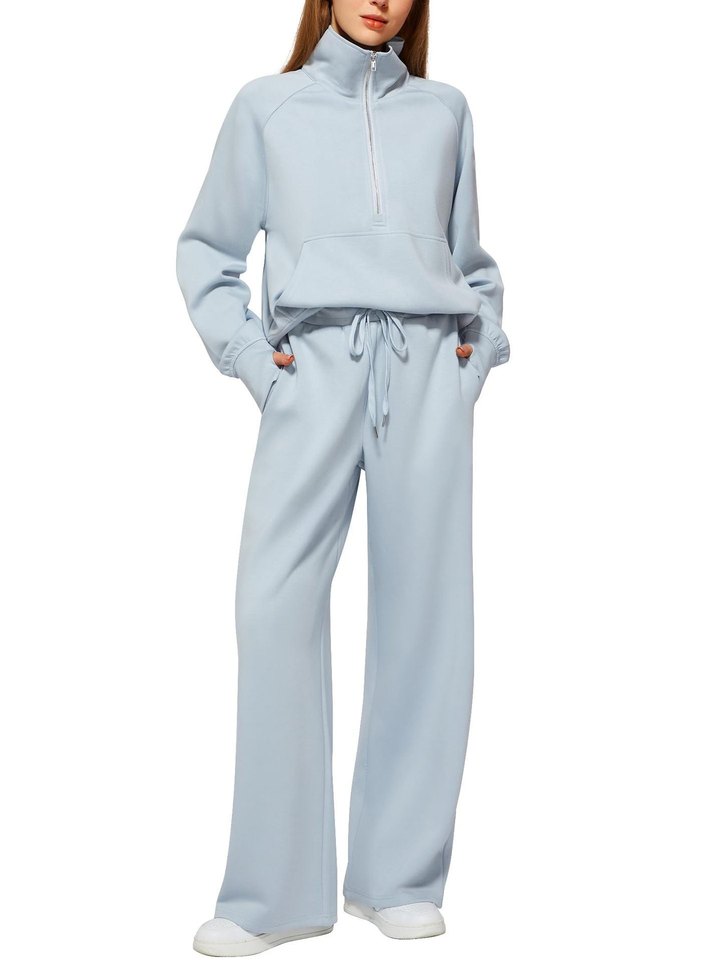 2pcss Women'S Oversized Half-Zip Sweatshirt and Wide Leg Sweatpants Set | Trendy 2pcss Matching Set, Chic Spring Sporty Outfits, Long Sleeve, Stand Collar, Pocket Details, Solid Color, Slight Stretch Fabric