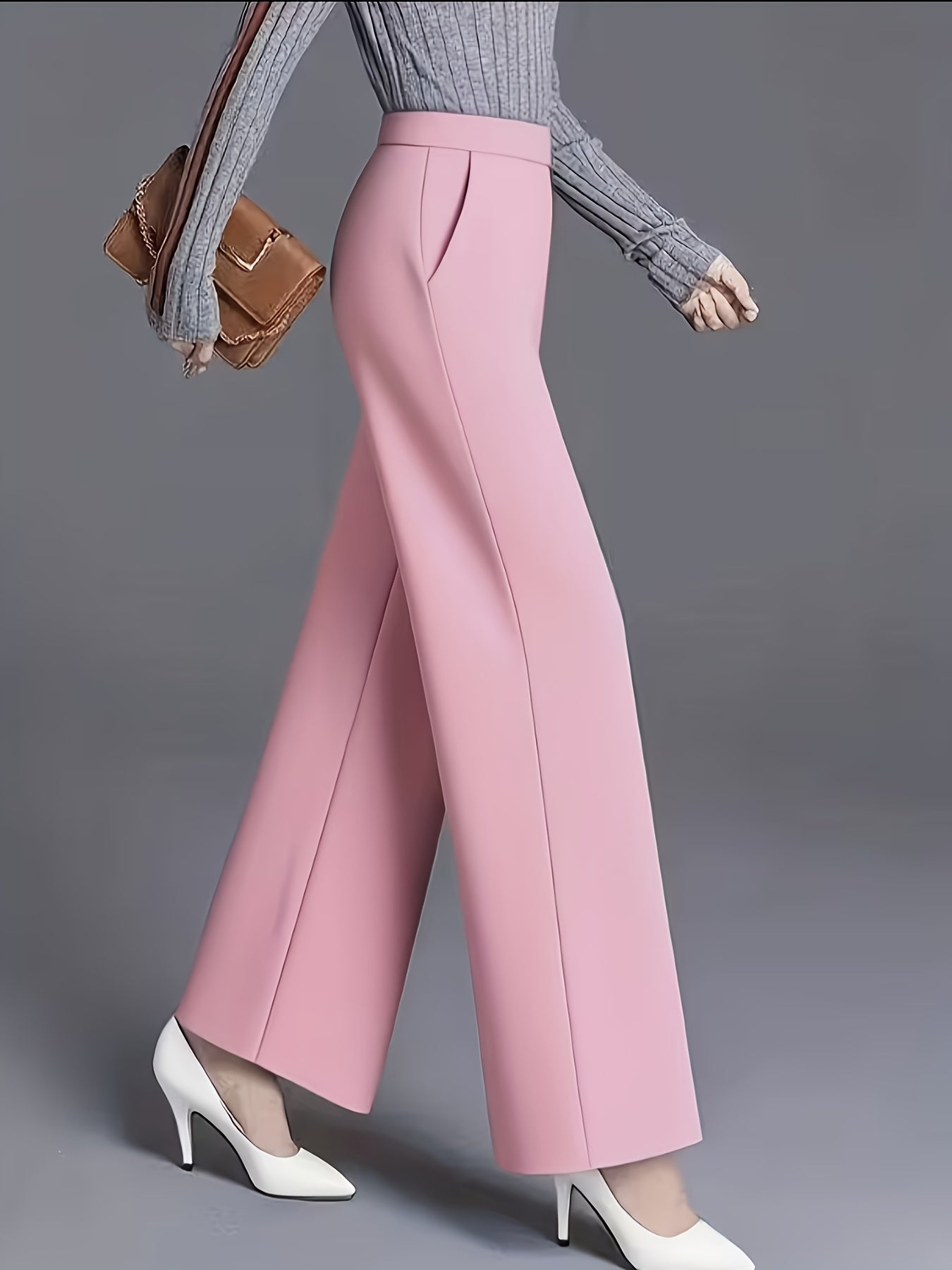 Women's Elegant High-Waisted Slant Pocket Solid Color Straight-Leg Pants