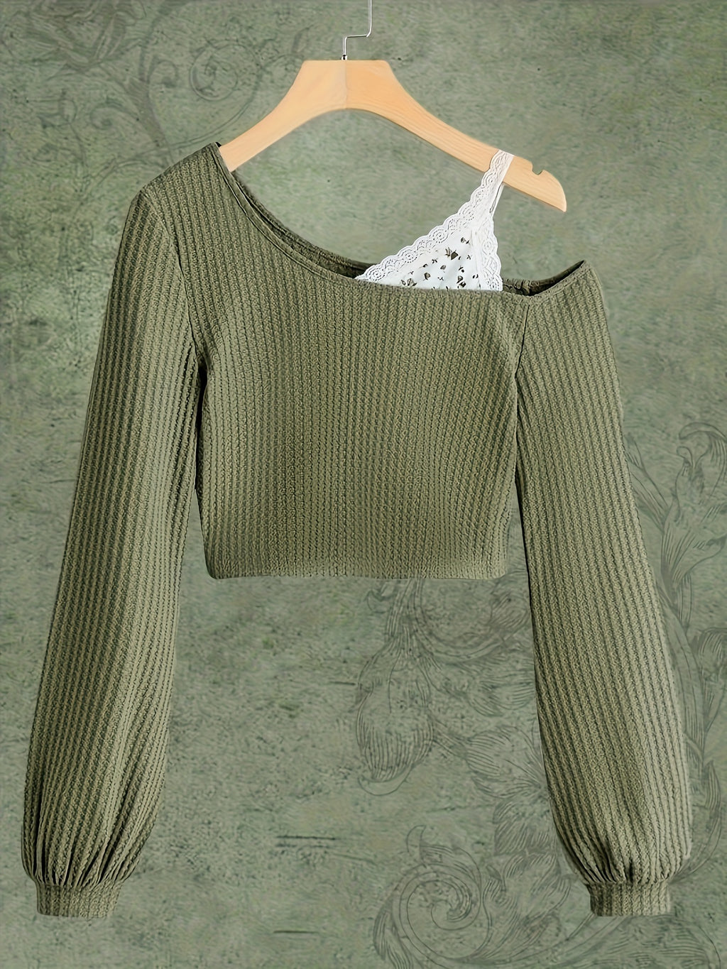 Spring and Autumn Lace Strapless Off-Shoulder Slant Collar T-shirt