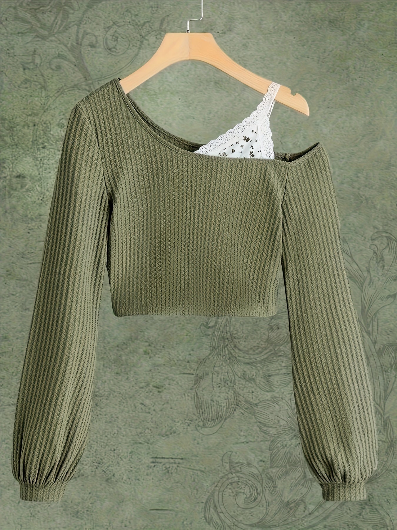 Spring and Autumn Lace Strapless Off-Shoulder Slant Collar T-shirt