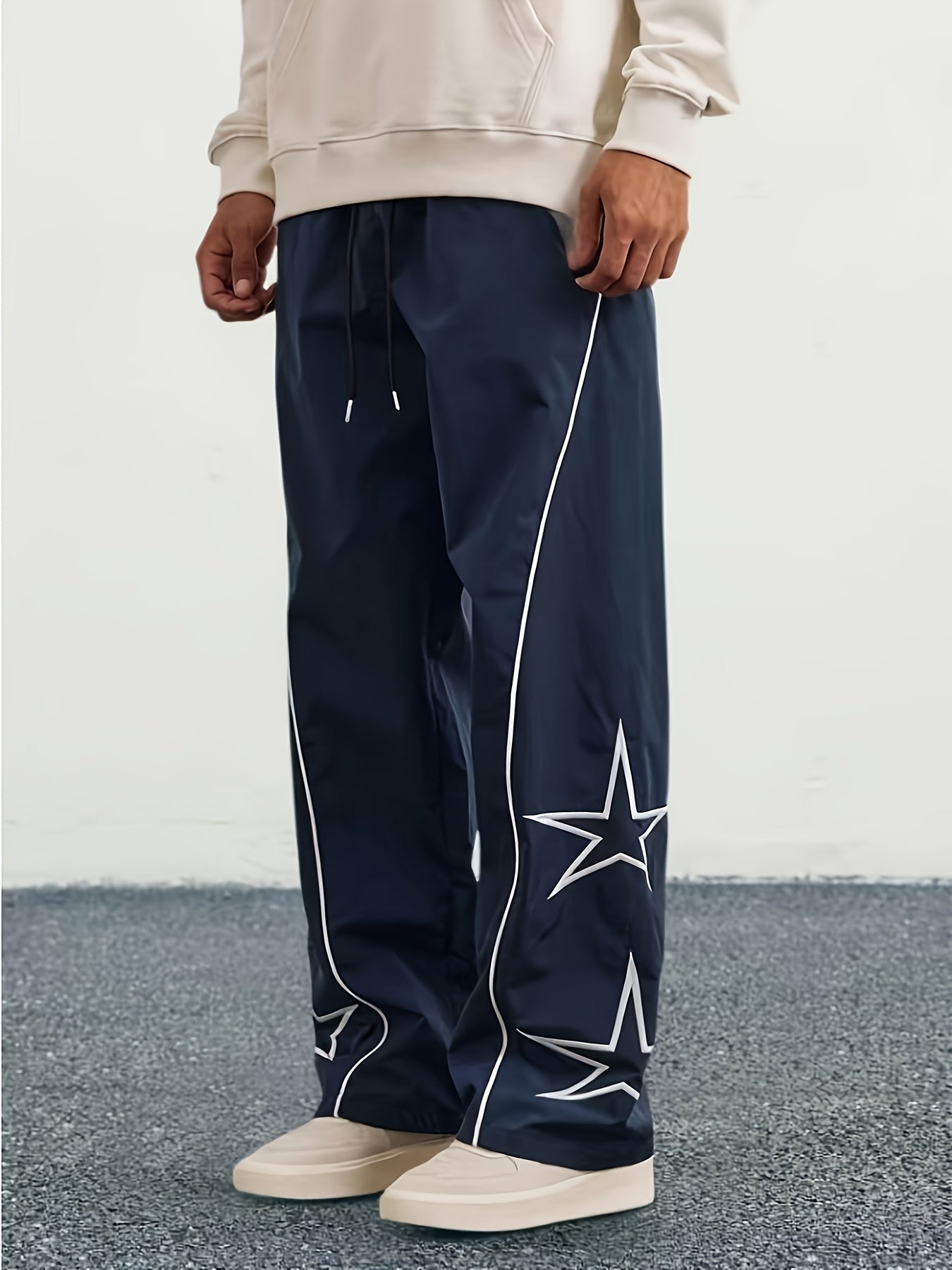 Autumn and Winter Men's Heavyweight Casual Pants with Loose Fit, Wide-Leg Drawstring Trousers Featuring Star Embroidery for Christmas Parties