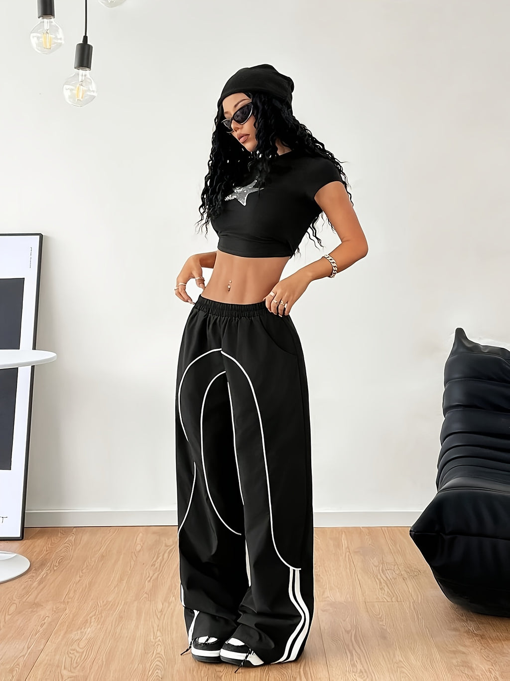 2025 New Fashion for : Back to Braided Belt, Black Wide-Leg Jogging Pants, Celebrity Style Hot Item
