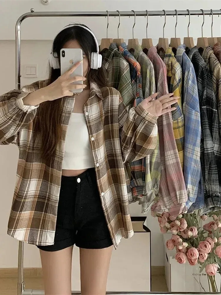 Plaid Shirt Women Fashion Autumn Long Sleeve Top Female Vintage Single Breasted Blouse Ladies Preppy Style Loose Check Shirts