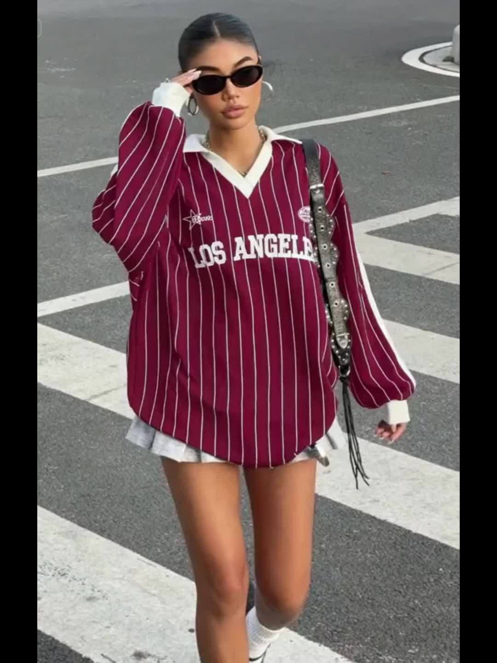 New Loose-Fitting Autumn And Winter Street Style Women'S American Striped Polo Shirt