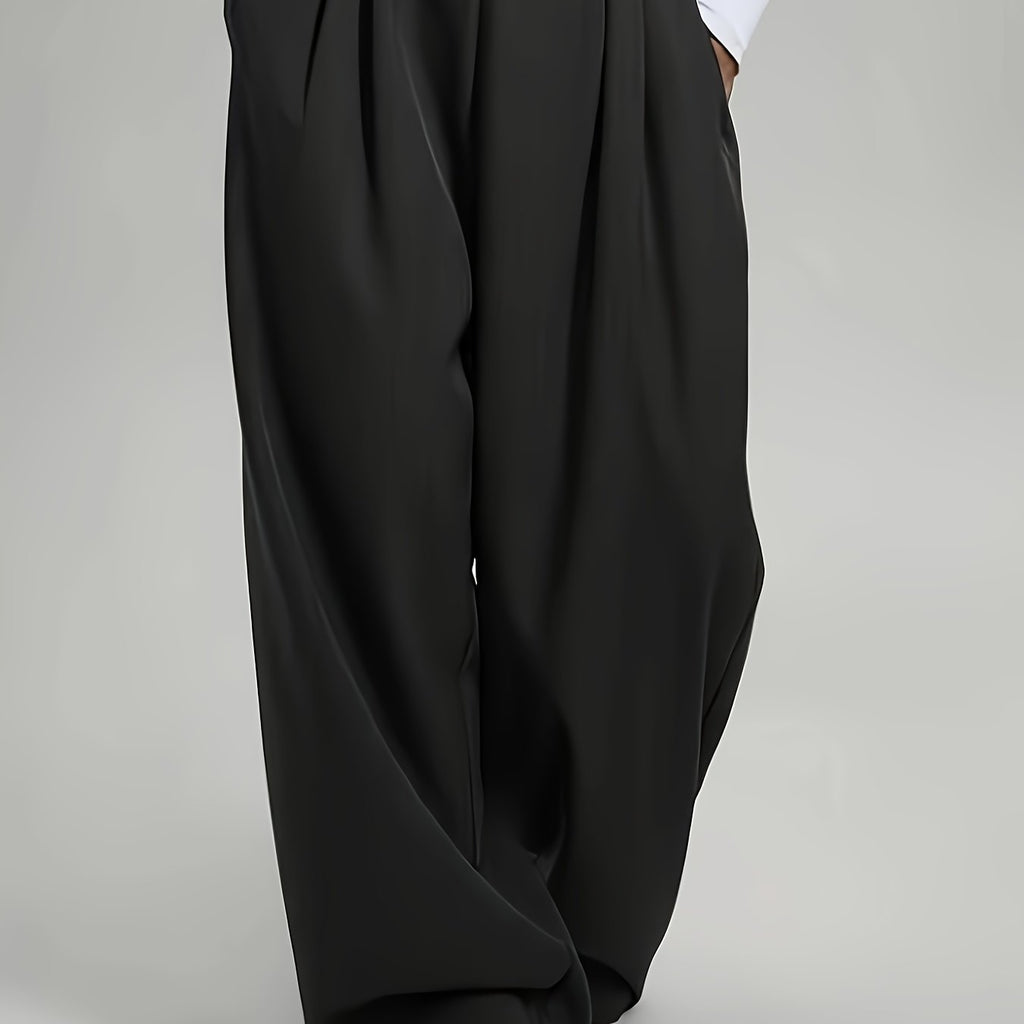 Elegant High-Waist Wide-Leg Pants | Solid Color, Long Length, Elastic Waist, Pocket Details, Suitable for All Seasons and Weekend Casual
