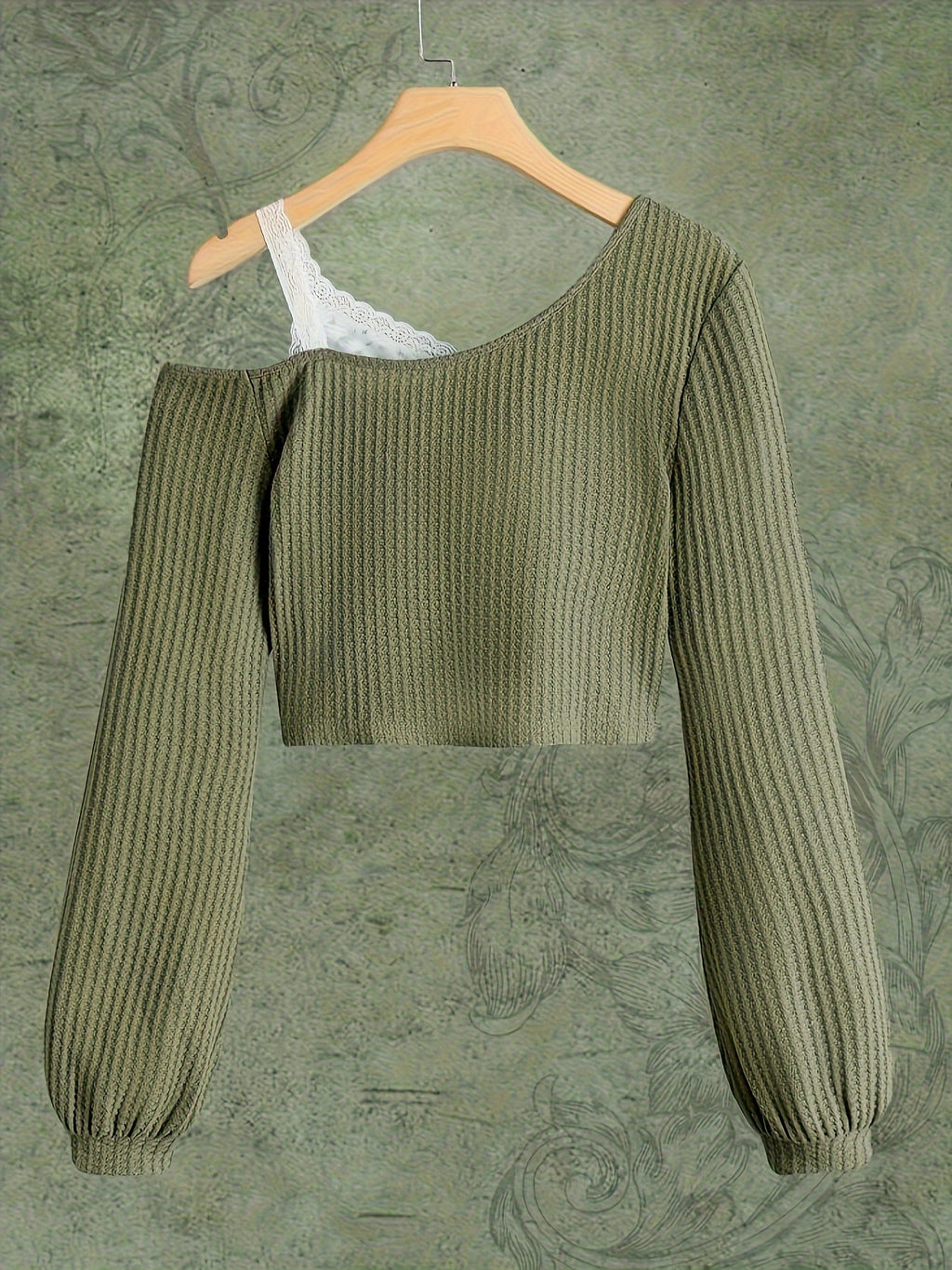 Spring and Autumn Lace Strapless Off-Shoulder Slant Collar T-shirt