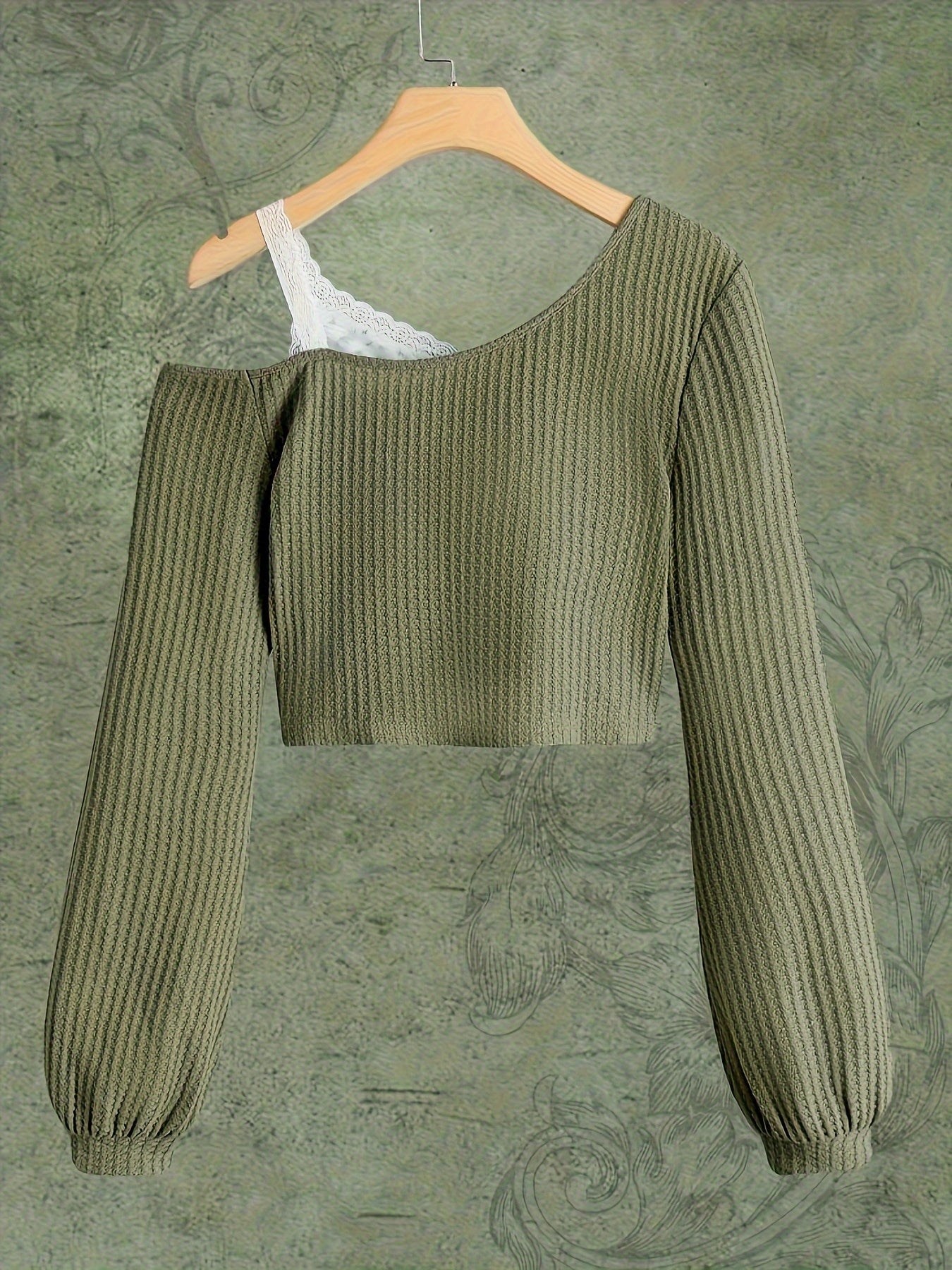 Spring and Autumn Lace Strapless Off-Shoulder Slant Collar T-shirt