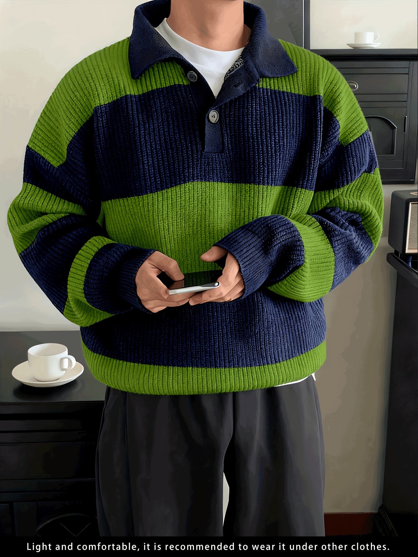 Men's American Street Korean Business Commuter Trendy Casual Versatile Striped Collar Pullover Knit Sweater