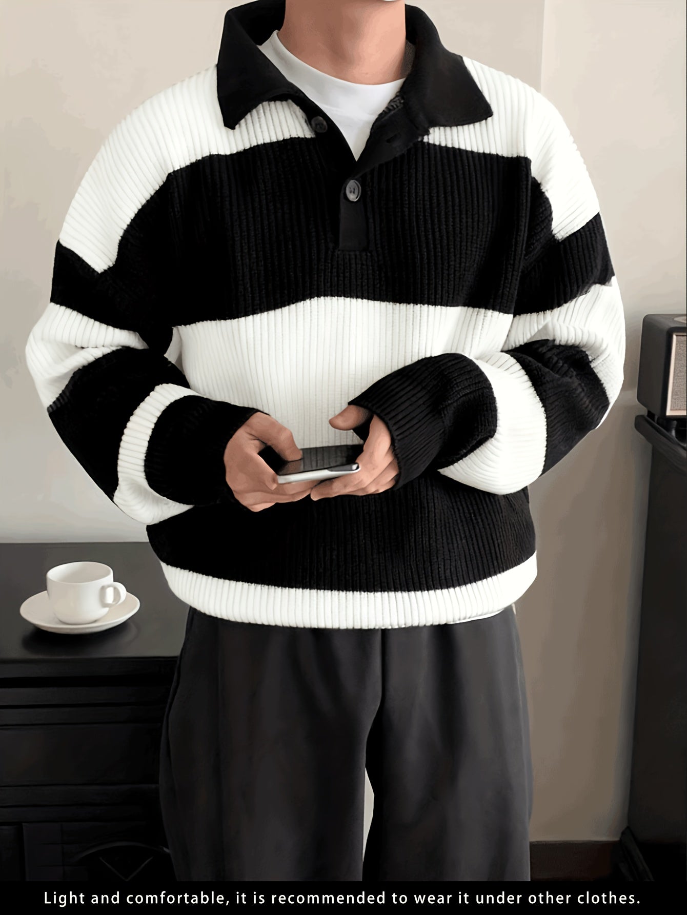 Men's American Street Korean Business Commuter Trendy Casual Versatile Striped Collar Pullover Knit Sweater