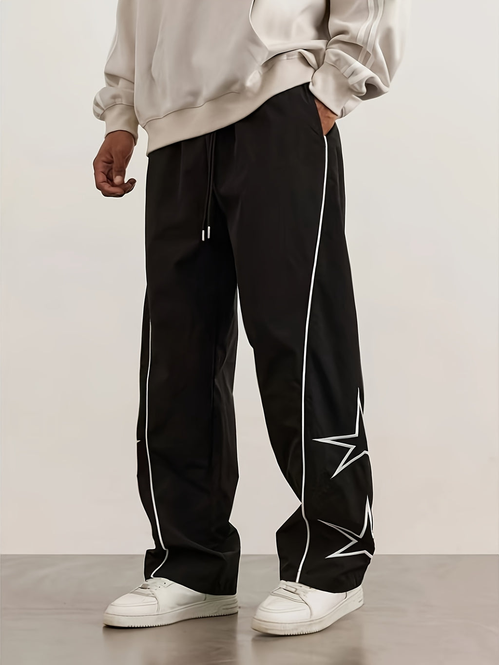 Autumn and Winter Men's Heavyweight Casual Pants with Loose Fit, Wide-Leg Drawstring Trousers Featuring Star Embroidery for Christmas Parties