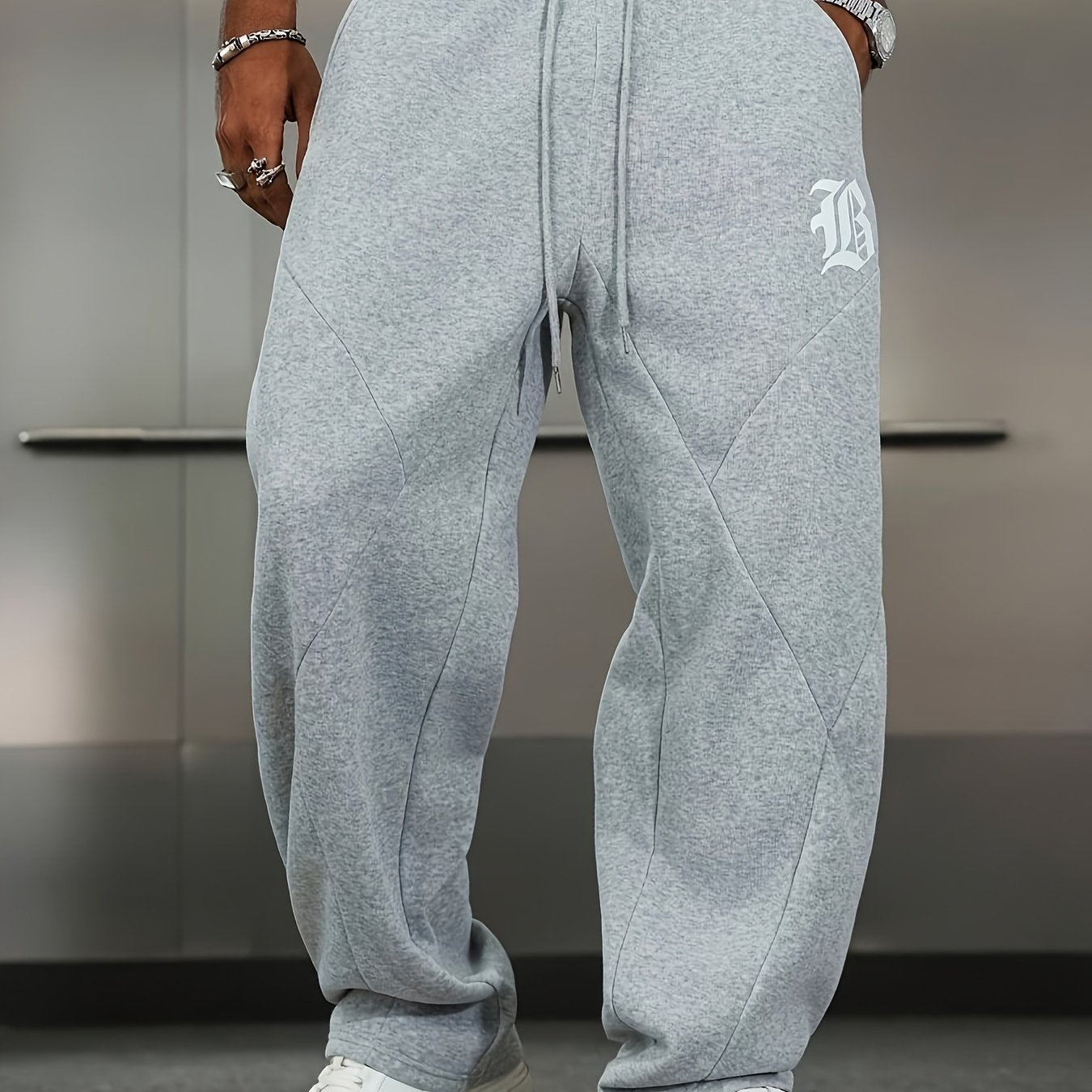 Men's Casual Pants, Stretch Solid Color Trousers, Loose Fit, Printed Pattern with Pockets, Elastic Waistband with Drawstring for Adjustable Fit, Combining Comfort and Style, Suitable for Streetwear and Outdoor Activities