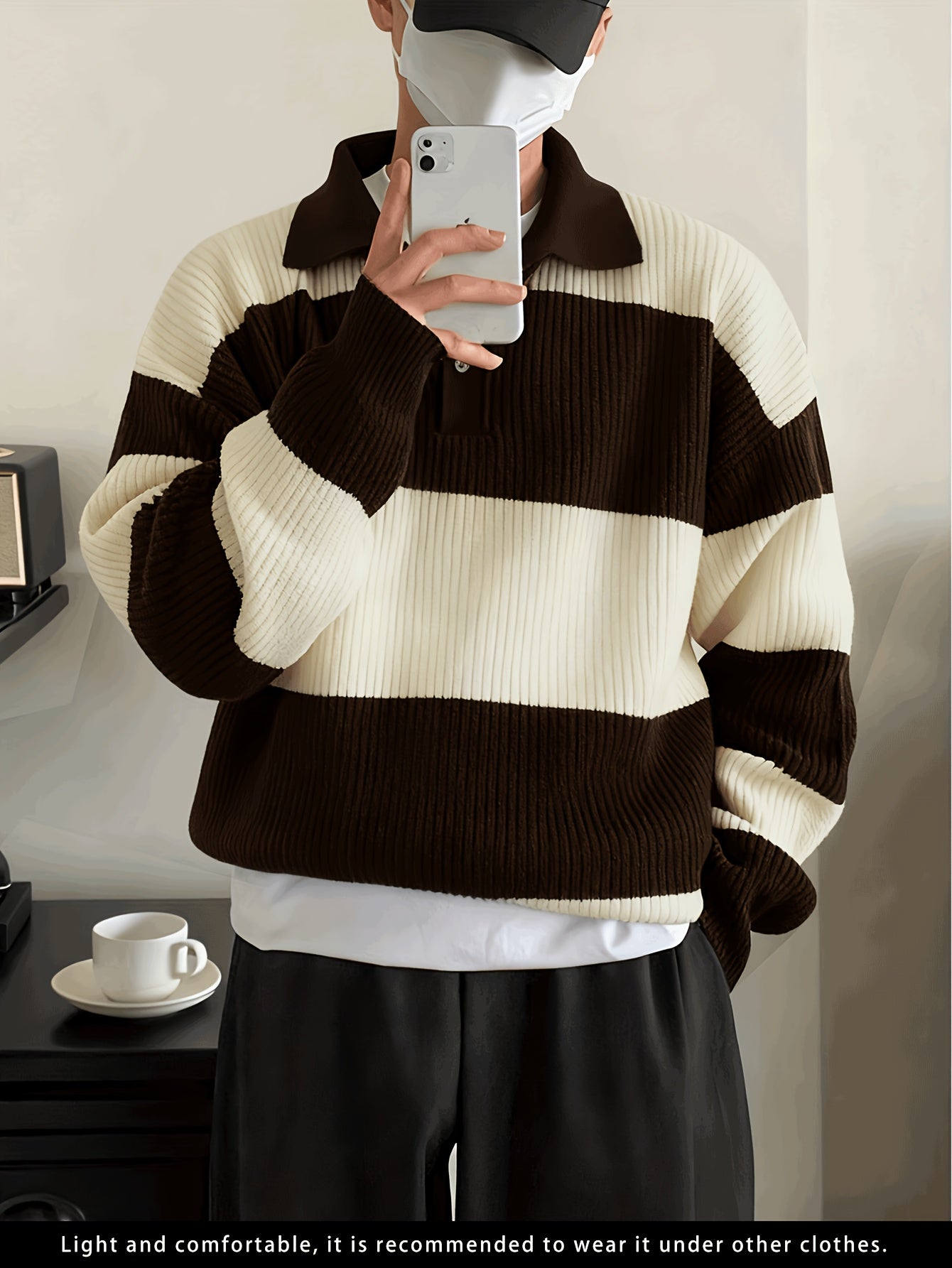 Men's American Street Korean Business Commuter Trendy Casual Versatile Striped Collar Pullover Knit Sweater