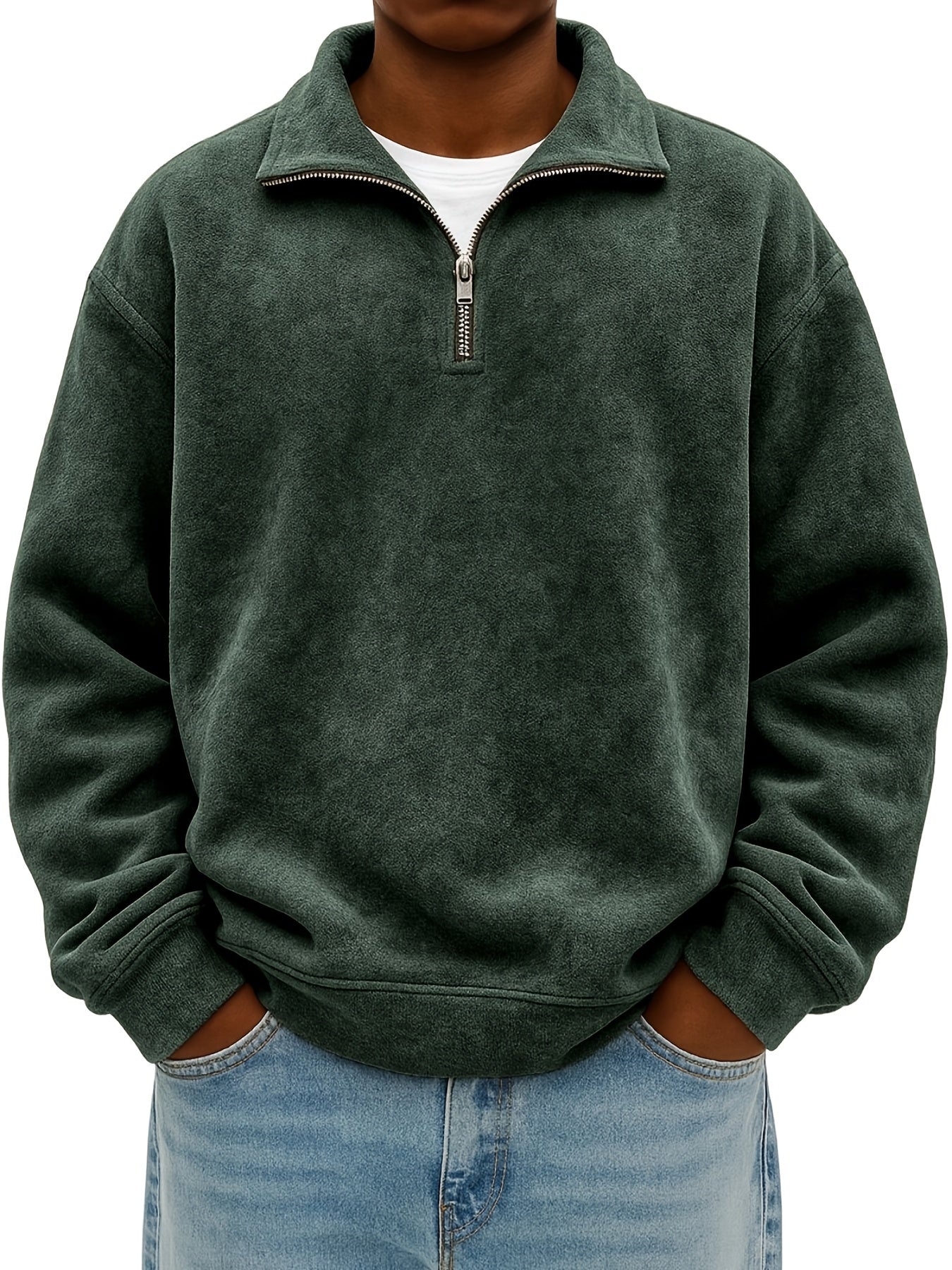 Men's Oversized Lapel Zipper  Sweatshirt - Solid Color Loose Fit Drop Shoulder Hoodie, Long Sleeve Casual Winter Sweater, Machine Washable Layering Piece for Cold Weather (Available in Multiple Colors)