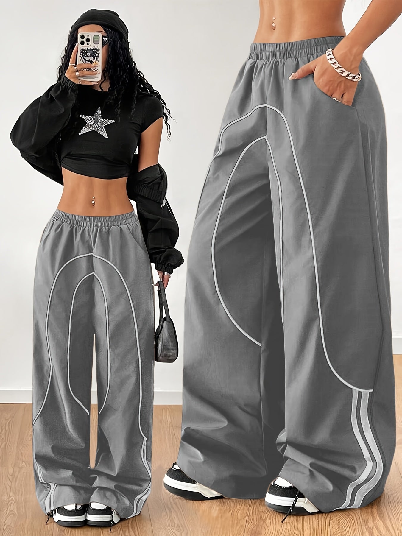2025 New Fashion for : Back to Braided Belt, Black Wide-Leg Jogging Pants, Celebrity Style Hot Item