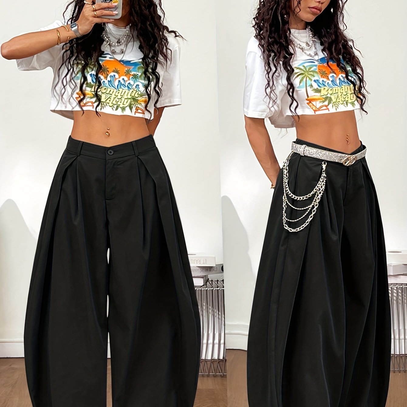 Ladies' Casual Elegant Loose Pants - Vintage Wide-Leg Cargo Pants with Pleated Design, Suitable for Everyday Dating in a Retro Hippie Street Style for All Seasons, Featuring Button And Zipper Details (Does Not Include Decorat