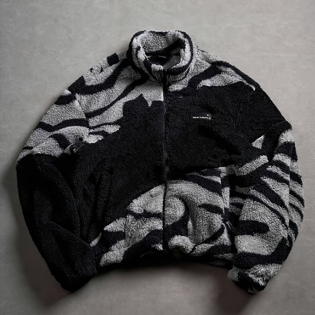Christmas Gifts for Men Include a Trendy Black Plush Jacket with a Zip-Up Collar And Double Pockets, Featuring a Striking Zebra Pattern. The Fabric Is Thick, Warm, Soft, And Comfortable, Perfect for Everyday Outings, Commutin