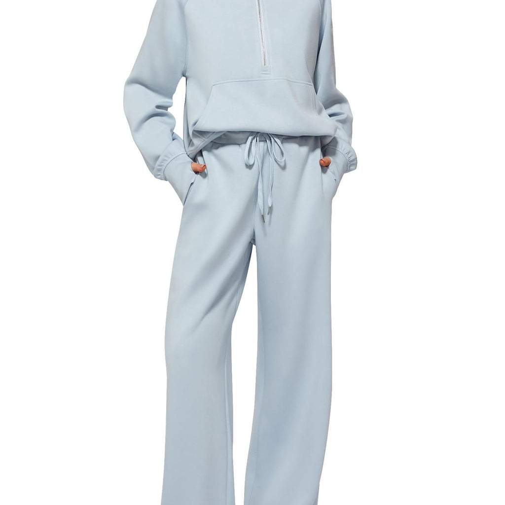 2pcss Women'S Oversized Half-Zip Sweatshirt and Wide Leg Sweatpants Set | Trendy 2pcss Matching Set, Chic Spring Sporty Outfits, Long Sleeve, Stand Collar, Pocket Details, Solid Color, Slight Stretch Fabric