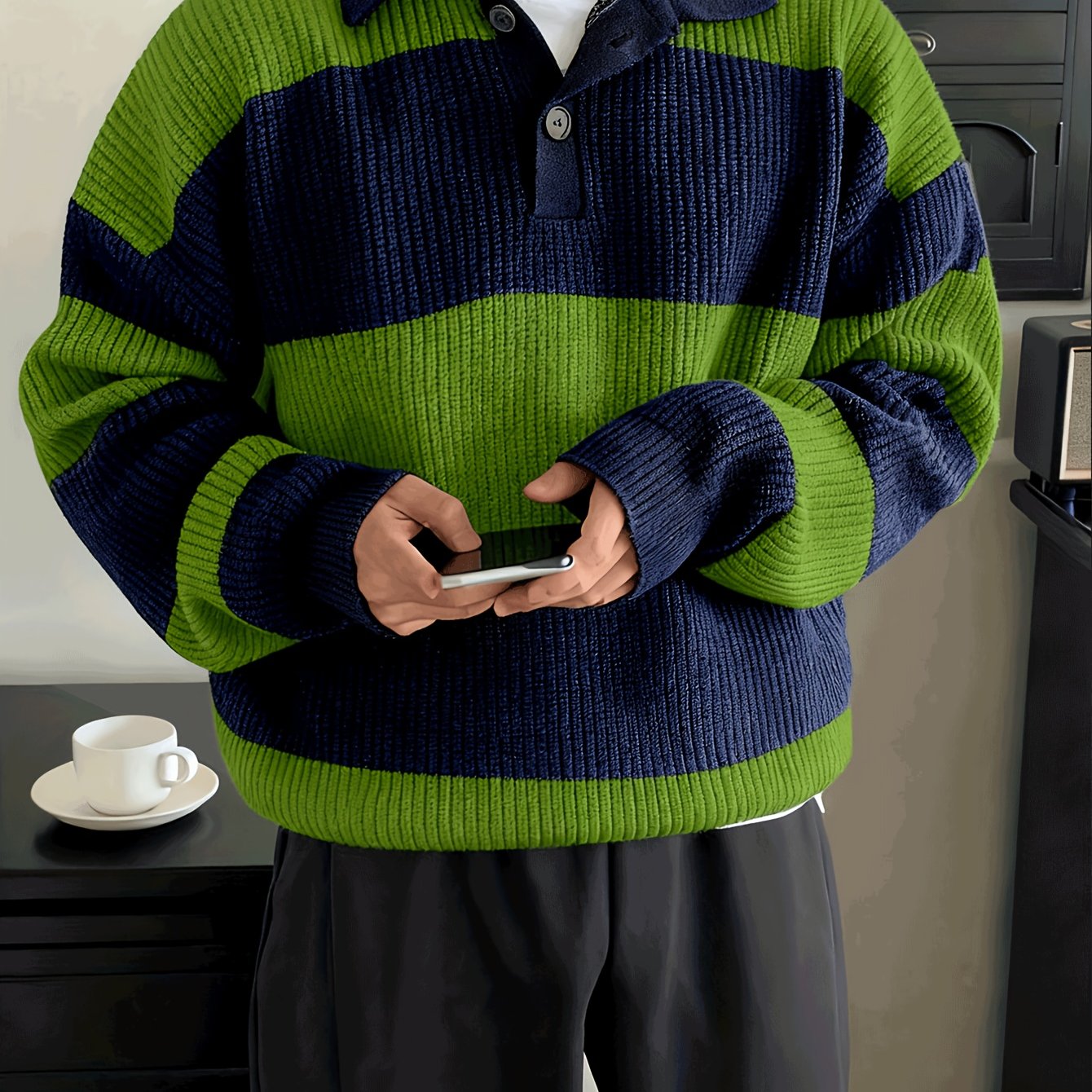 Men's American Street Korean Business Commuter Trendy Casual Versatile Striped Collar Pullover Knit Sweater