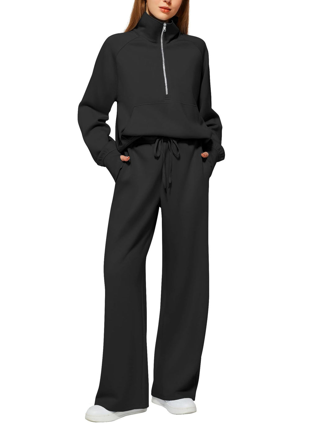 2pcss Women'S Oversized Half-Zip Sweatshirt and Wide Leg Sweatpants Set | Trendy 2pcss Matching Set, Chic Spring Sporty Outfits, Long Sleeve, Stand Collar, Pocket Details, Solid Color, Slight Stretch Fabric