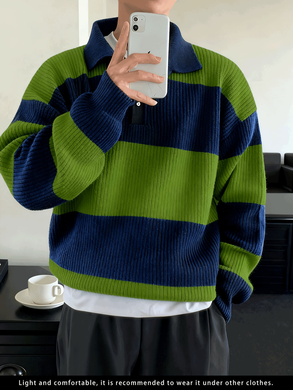 Men's American Street Korean Business Commuter Trendy Casual Versatile Striped Collar Pullover Knit Sweater