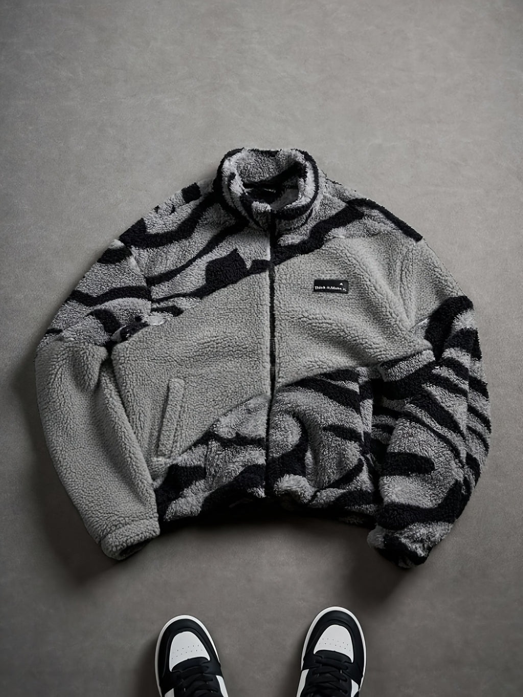 Christmas Gifts for Men Include a Trendy Black Plush Jacket with a Zip-Up Collar And Double Pockets, Featuring a Striking Zebra Pattern. The Fabric Is Thick, Warm, Soft, And Comfortable, Perfect for Everyday Outings, Commutin