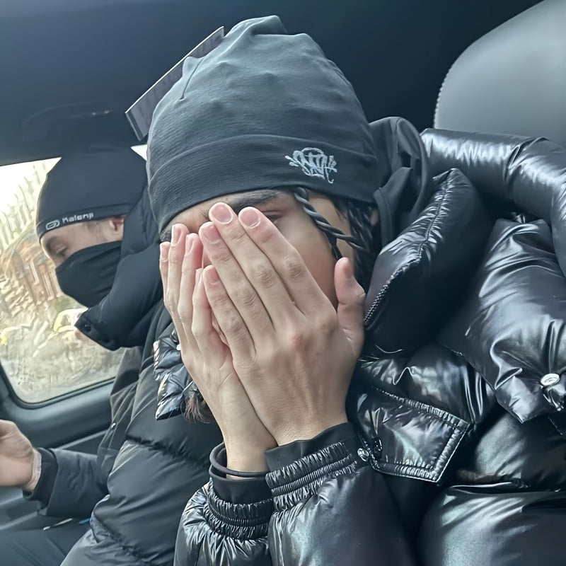 Synaworld Embroidered Beanie Hat - Dopamine Color Series, Double-Layer Warm Pullover with "Synthetic" Design, Black, Polyester, Hand Washable, Casual & Versatile for Outdoor Activities, Outdoor Headwear | Stylish Headgear | D