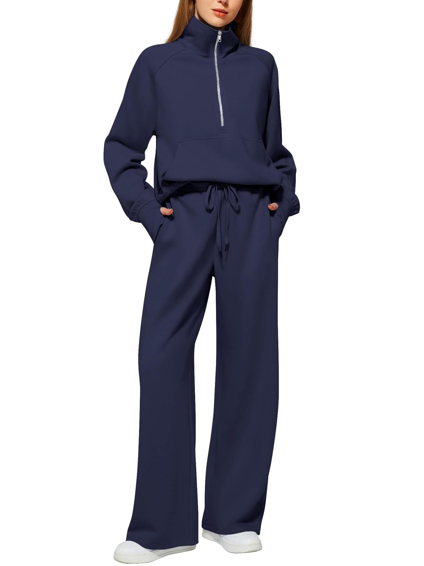 2pcss Women'S Oversized Half-Zip Sweatshirt and Wide Leg Sweatpants Set | Trendy 2pcss Matching Set, Chic Spring Sporty Outfits, Long Sleeve, Stand Collar, Pocket Details, Solid Color, Slight Stretch Fabric