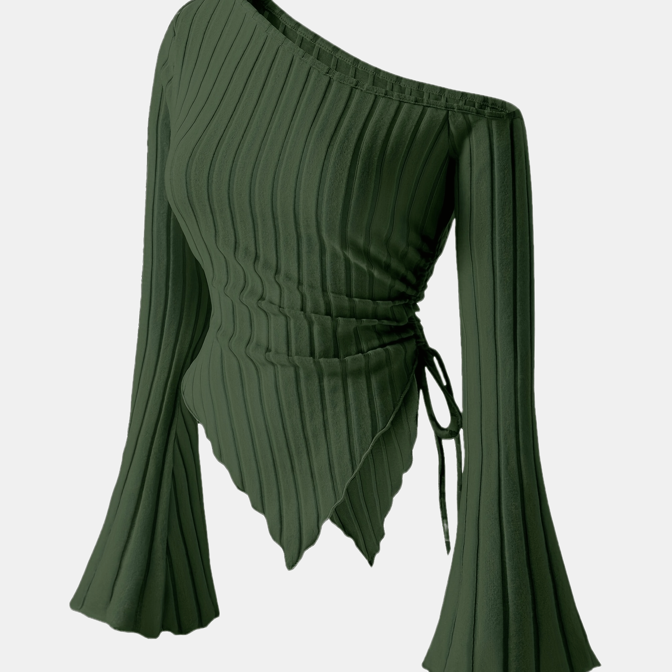 Women's Elegant Off-Shoulder Bell Sleeve T-Shirt - Asymmetrical Ribbed Top with Exposed Shoulder Design, Lightweight 3-Season Machine-Washable Solid Color Blouse for Casual & Formal Wear, Spring Summer Top, Bell Sleeve Design