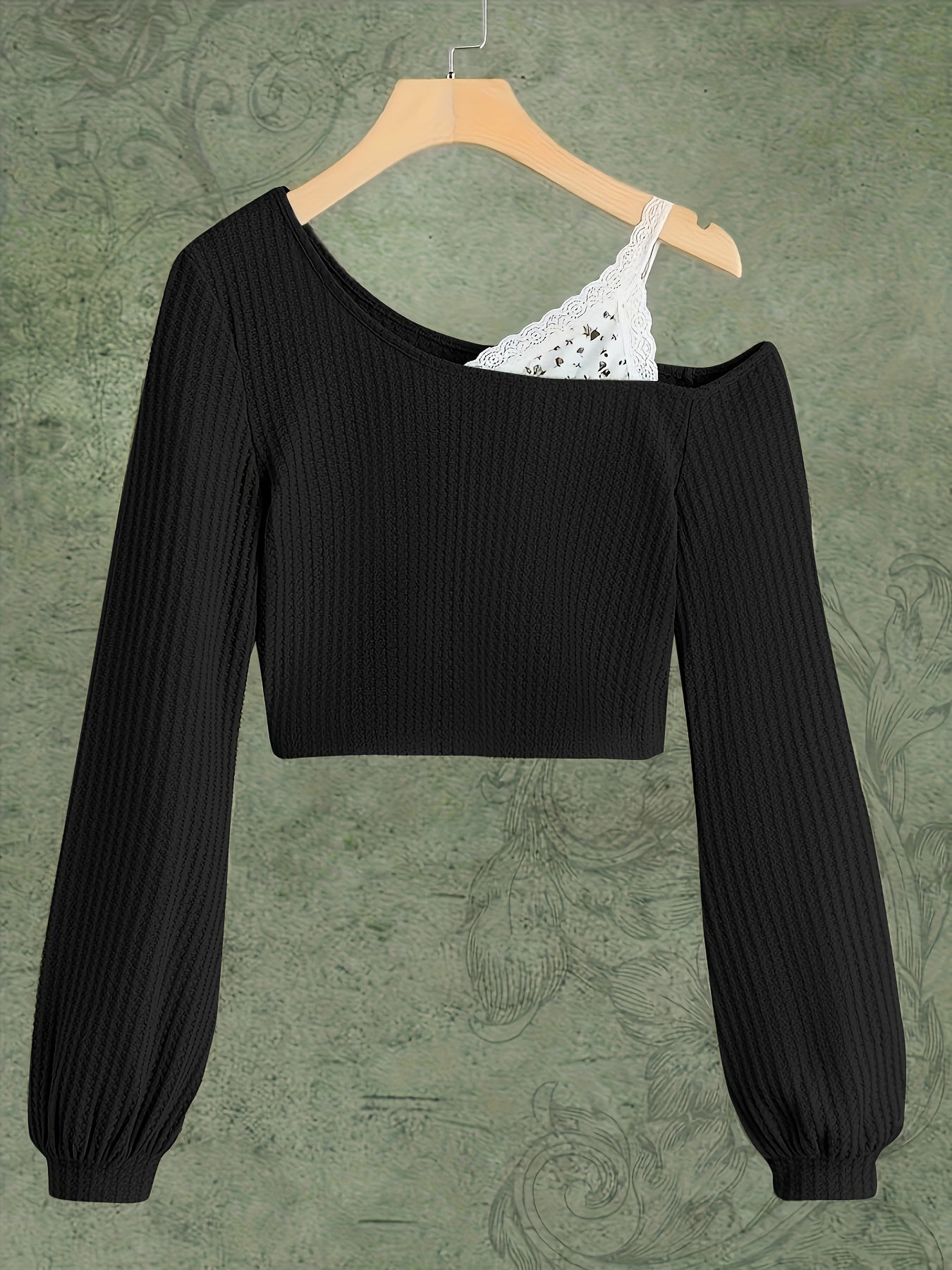 Spring and Autumn Lace Strapless Off-Shoulder Slant Collar T-shirt