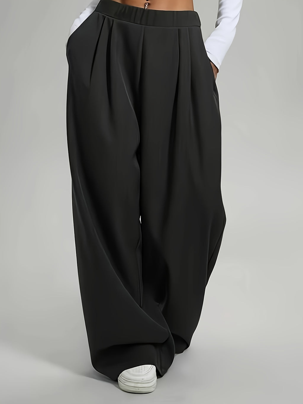 Elegant High-Waist Wide-Leg Pants | Solid Color, Long Length, Elastic Waist, Pocket Details, Suitable for All Seasons and Weekend Casual