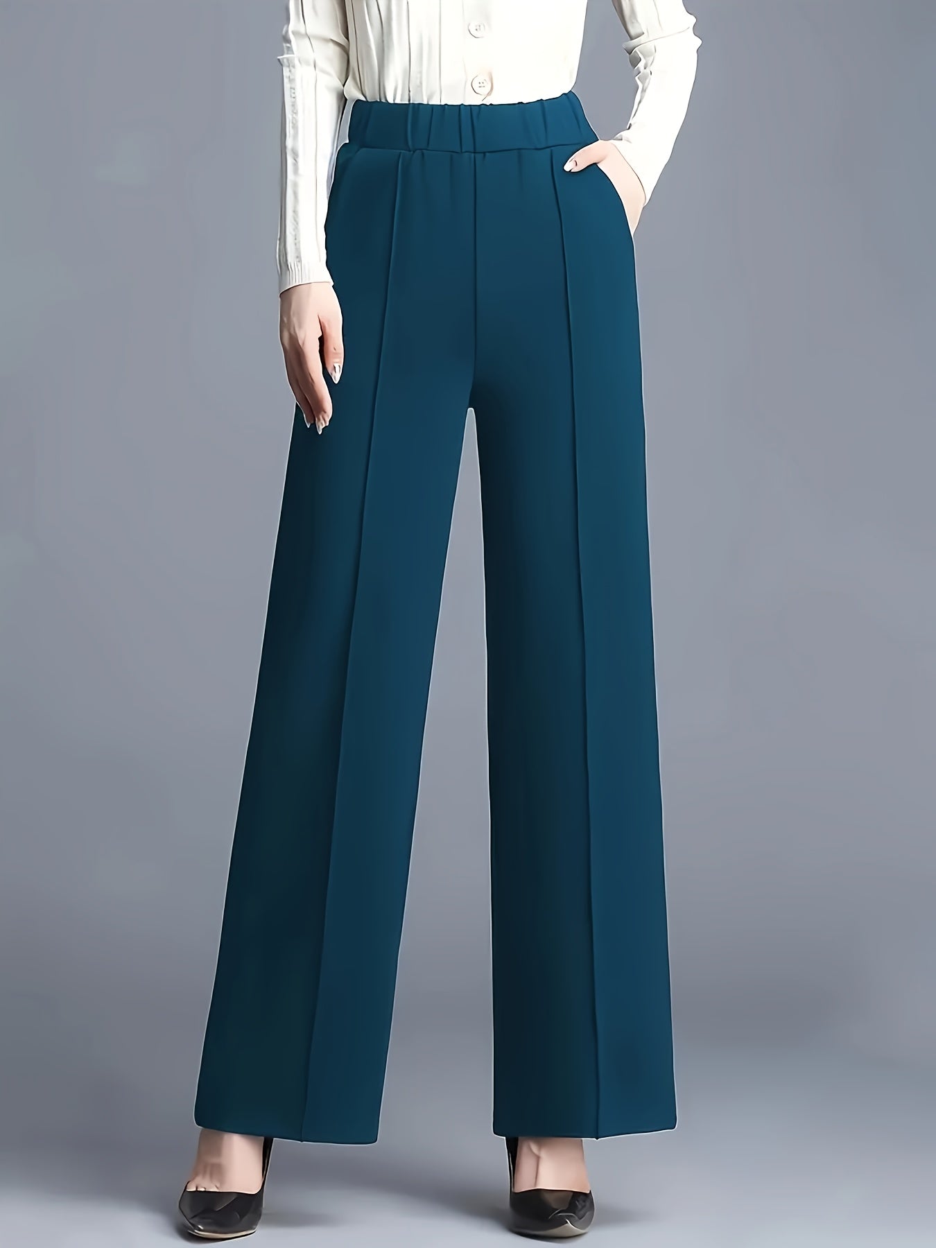 Women's Elegant High-Waisted Slant Pocket Solid Color Straight-Leg Pants