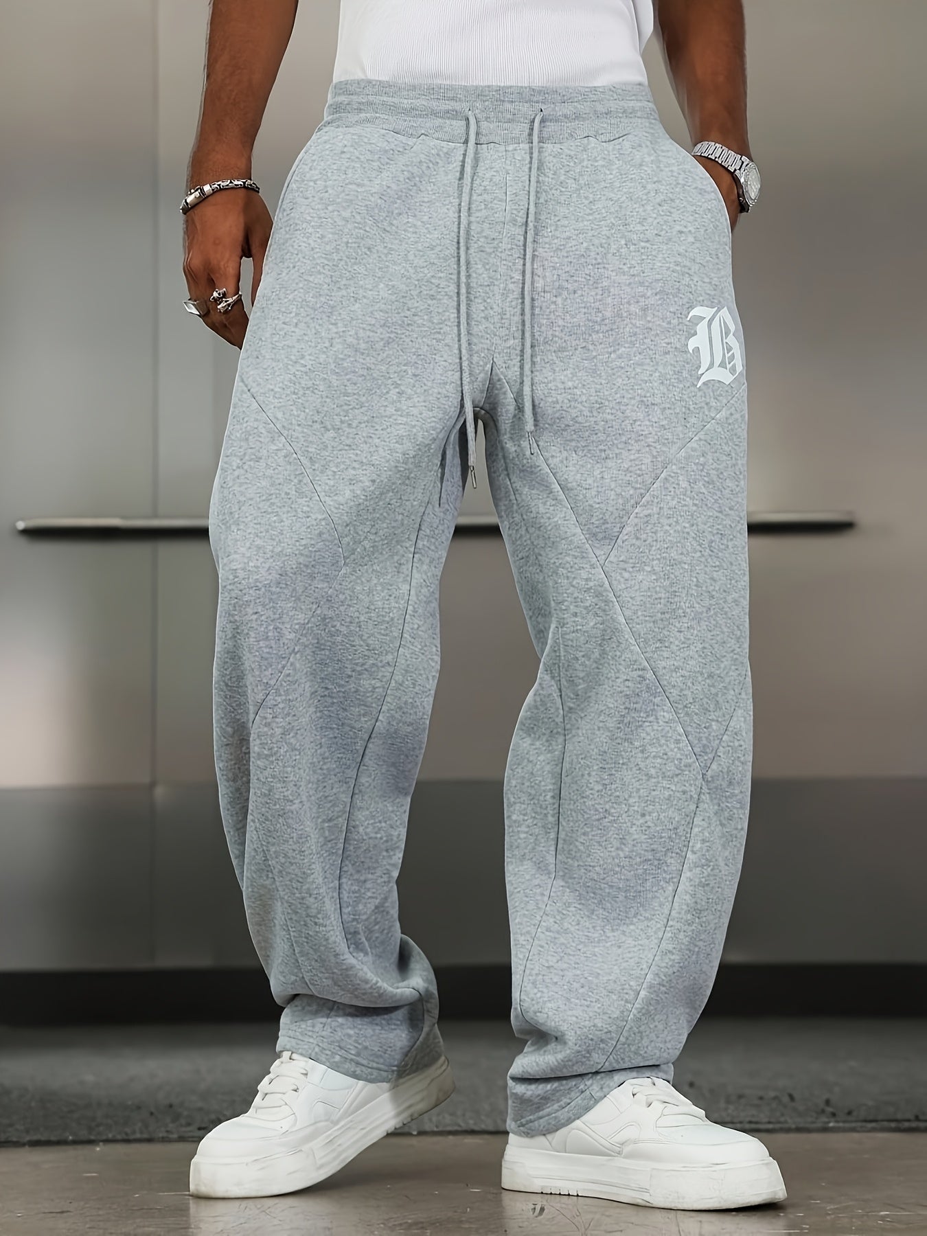 Men's Casual Pants, Stretch Solid Color Trousers, Loose Fit, Printed Pattern with Pockets, Elastic Waistband with Drawstring for Adjustable Fit, Combining Comfort and Style, Suitable for Streetwear and Outdoor Activities