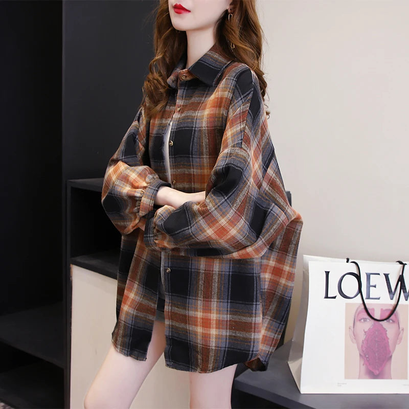 Plaid Shirt Women Fashion Autumn Long Sleeve Top Female Vintage Single Breasted Blouse Ladies Preppy Style Loose Check Shirts