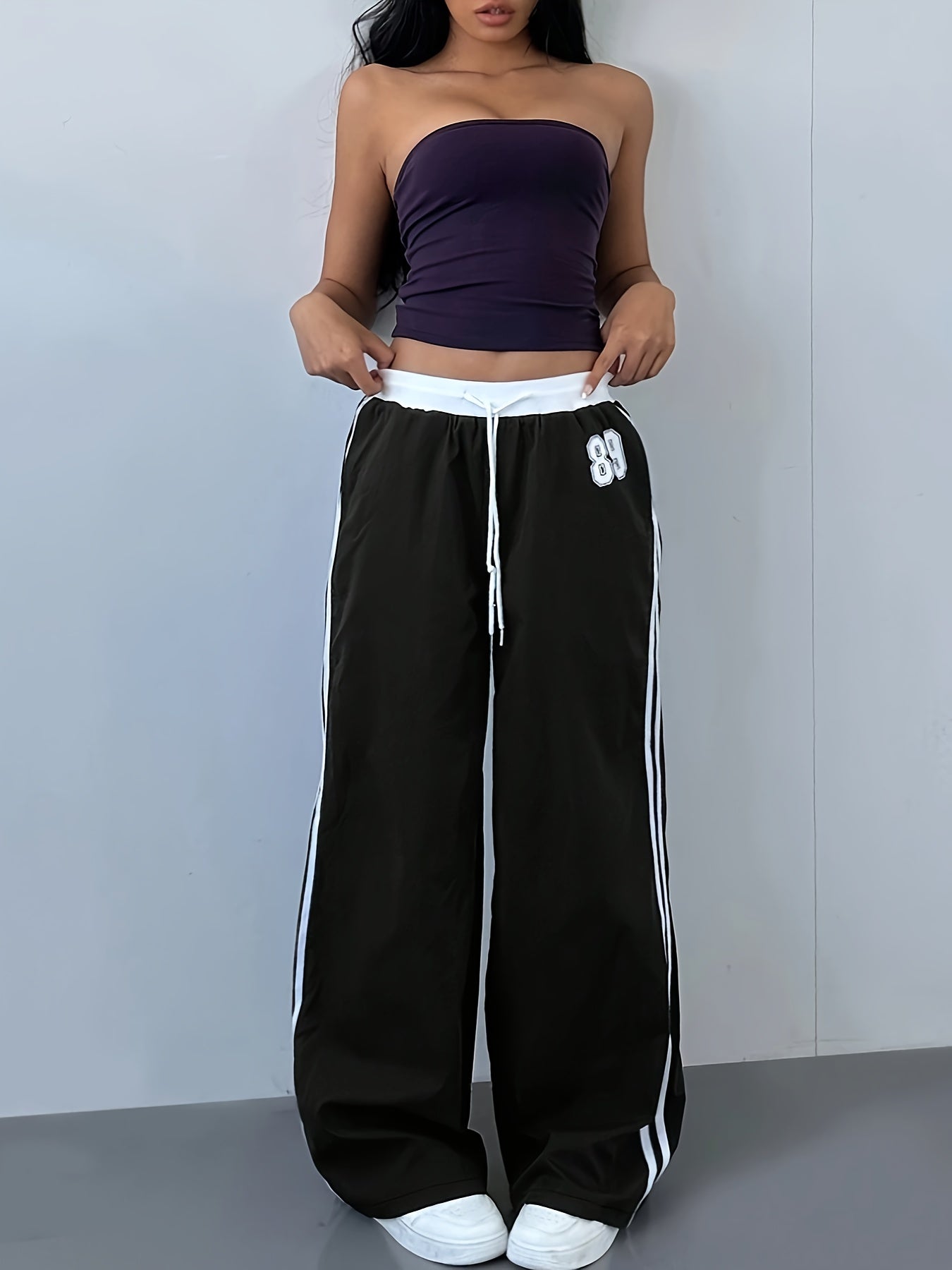 Women's Straight Leg Pants - Style All-Season Trousers with Lettering Pattern & Drawstring Waist, for Casual & Professional Wear, Machine Washable, Year-Round (Office, Everyday, Semi-Formal) - Non- Fabric