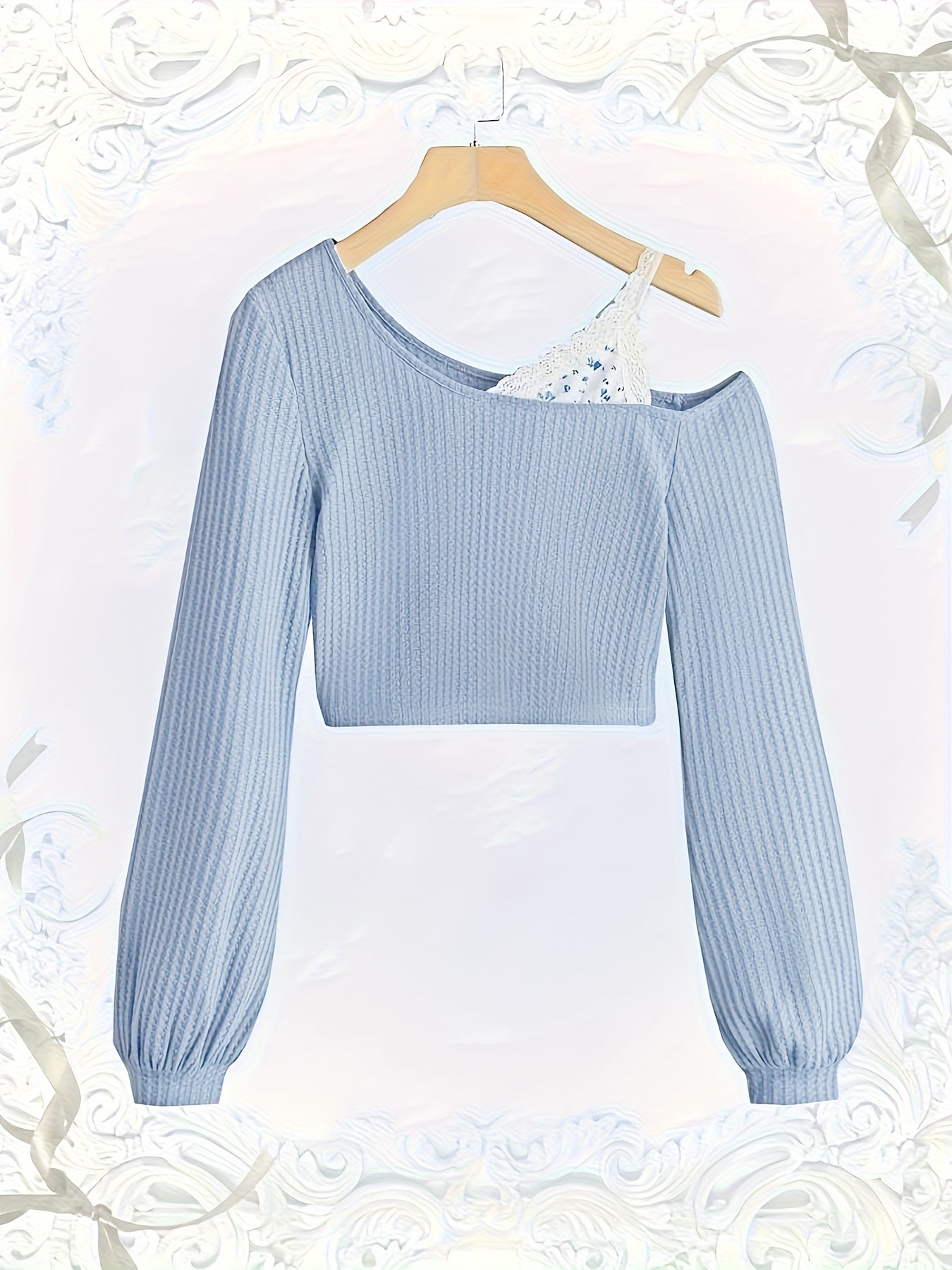 Spring and Autumn Lace Strapless Off-Shoulder Slant Collar T-shirt