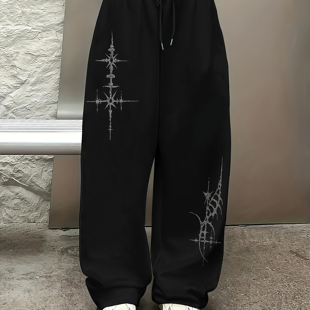 Mysterious Symbols Gothic Style Casual Sports Pants with Drawstring Elastic Waist, American Casual Trend, Women's Straight-Leg Pants