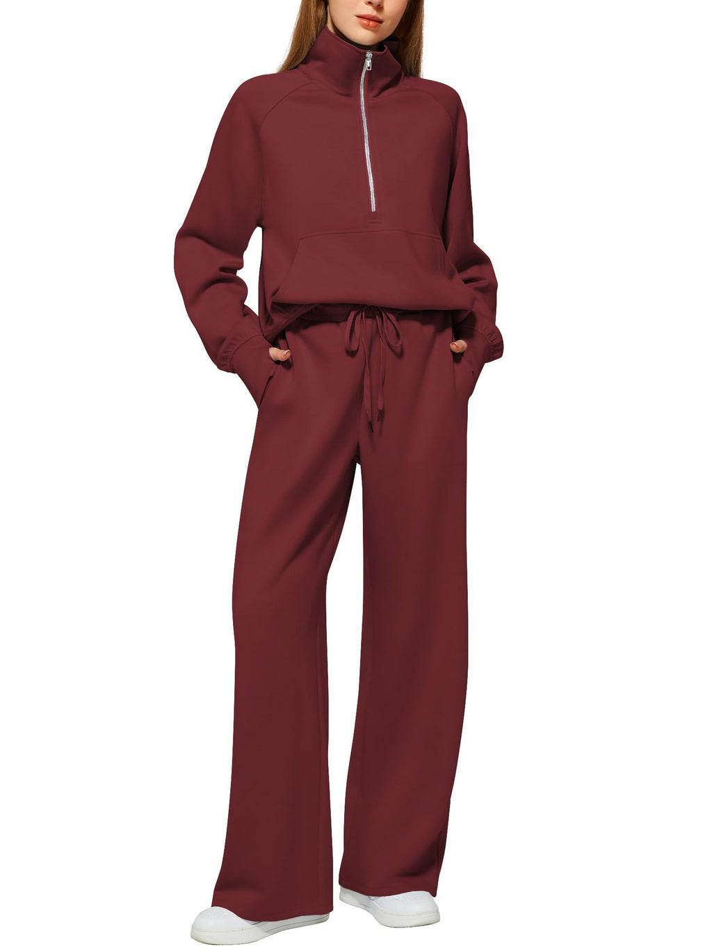 2pcss Women'S Oversized Half-Zip Sweatshirt and Wide Leg Sweatpants Set | Trendy 2pcss Matching Set, Chic Spring Sporty Outfits, Long Sleeve, Stand Collar, Pocket Details, Solid Color, Slight Stretch Fabric