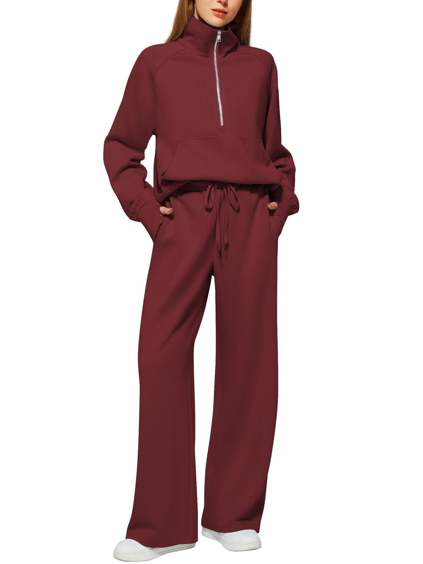 2pcss Women'S Oversized Half-Zip Sweatshirt and Wide Leg Sweatpants Set | Trendy 2pcss Matching Set, Chic Spring Sporty Outfits, Long Sleeve, Stand Collar, Pocket Details, Solid Color, Slight Stretch Fabric