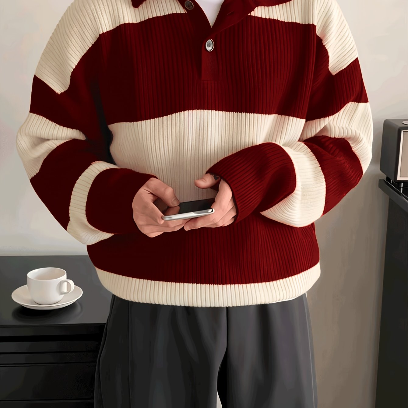 Men's American Street Korean Business Commuter Trendy Casual Versatile Striped Collar Pullover Knit Sweater