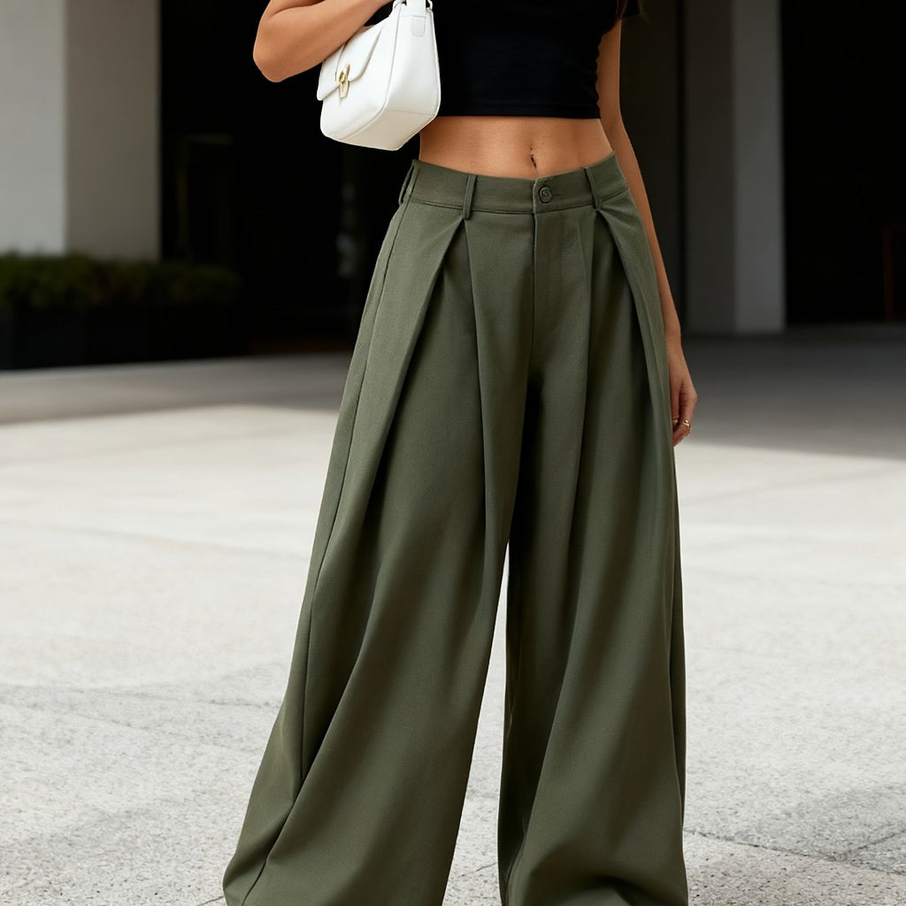 Drapey Loose Fit Wide Leg Trousers Women Mid Rise Pleated Casual Fashion Bottoms for Spring Summer Daily Wear, Office, Travel & Street Style