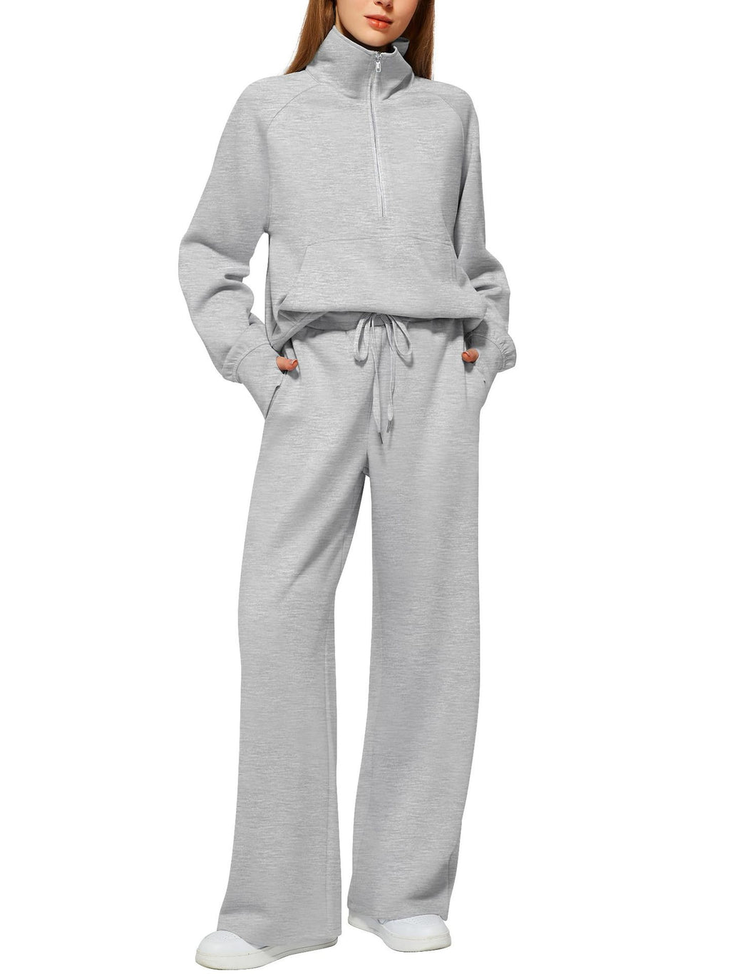2pcss Women'S Oversized Half-Zip Sweatshirt and Wide Leg Sweatpants Set | Trendy 2pcss Matching Set, Chic Spring Sporty Outfits, Long Sleeve, Stand Collar, Pocket Details, Solid Color, Slight Stretch Fabric