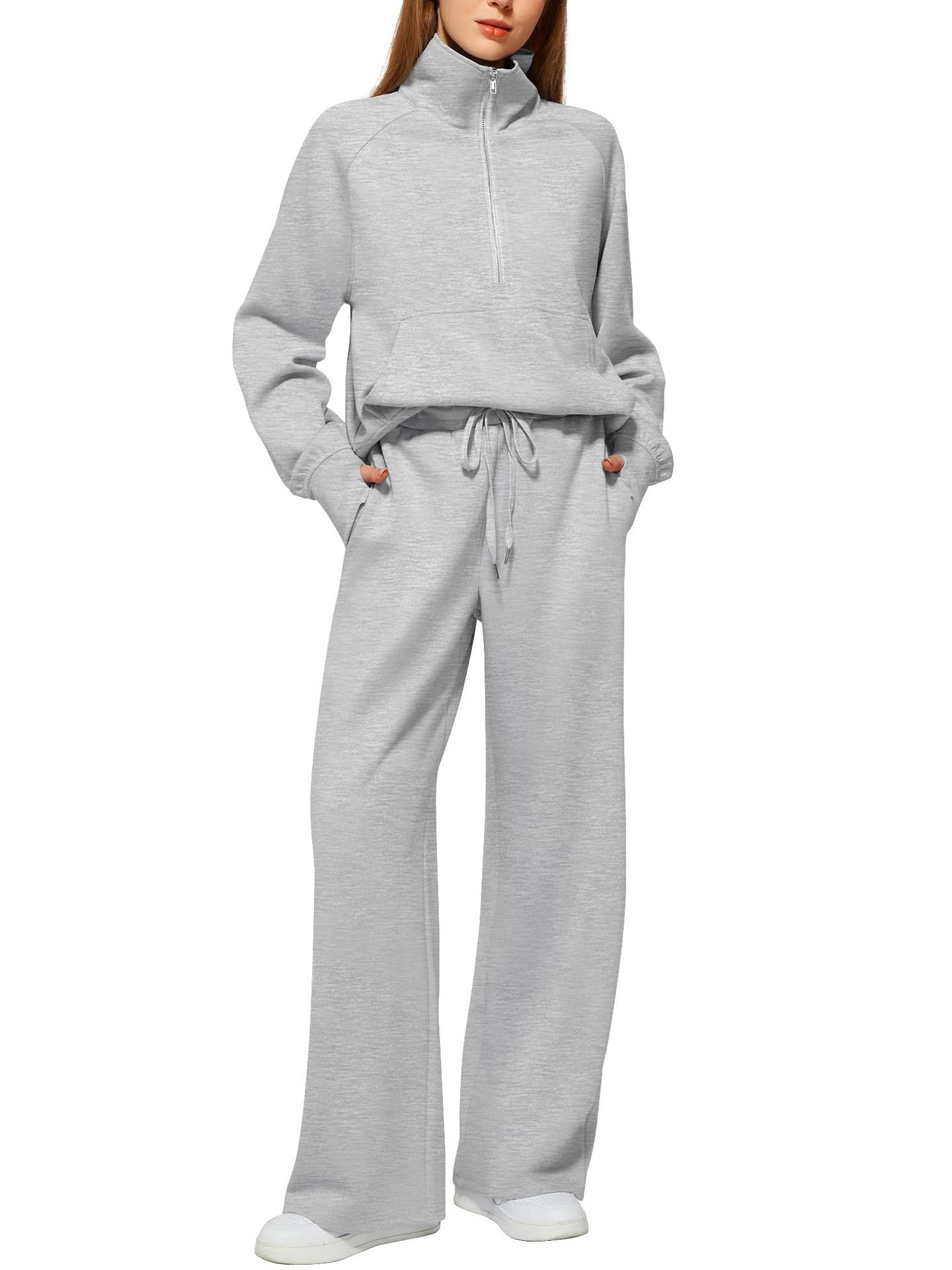 2pcss Women'S Oversized Half-Zip Sweatshirt and Wide Leg Sweatpants Set | Trendy 2pcss Matching Set, Chic Spring Sporty Outfits, Long Sleeve, Stand Collar, Pocket Details, Solid Color, Slight Stretch Fabric